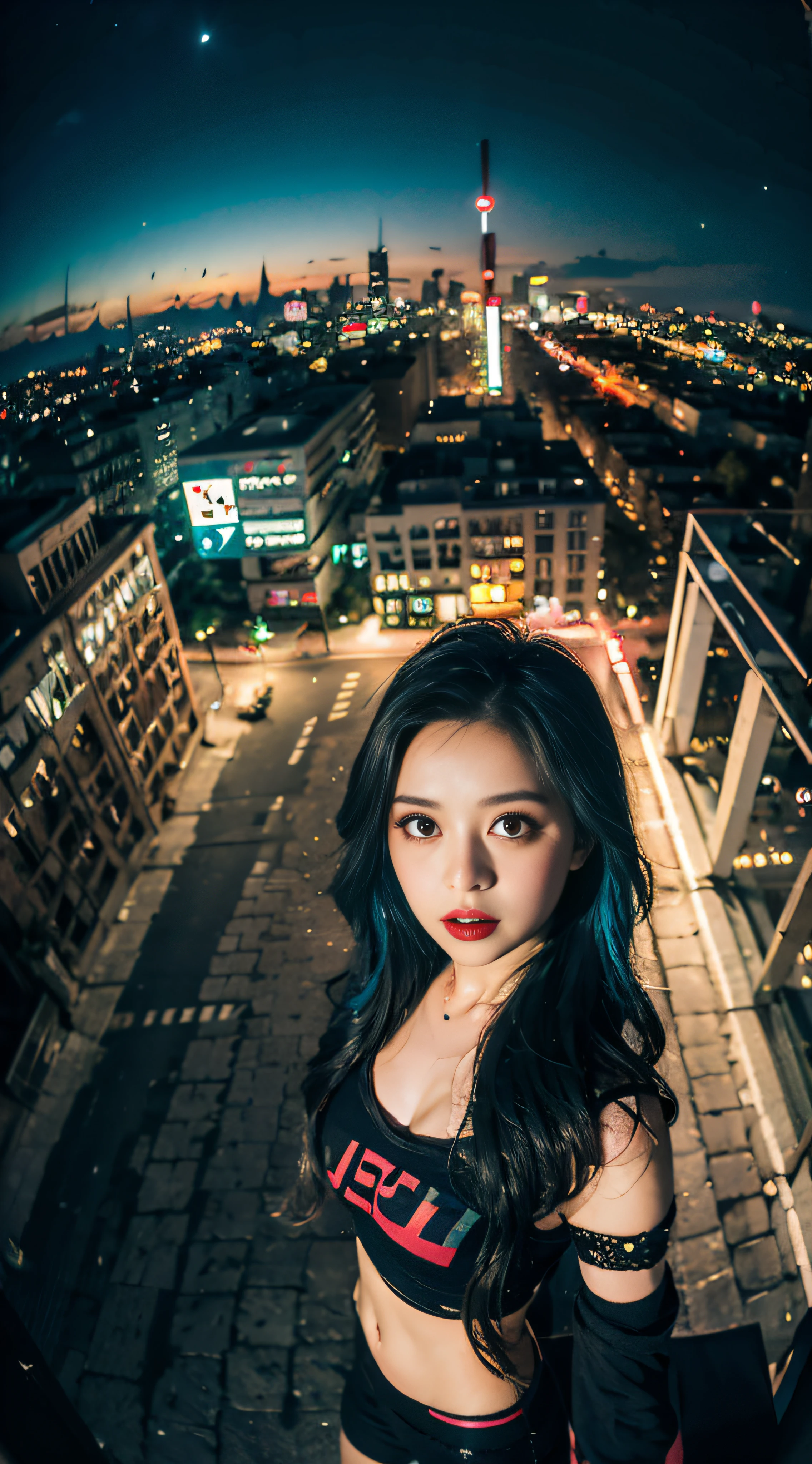 (masterpiece), best quality, ultra high res,little girl, cyberpunk 1girl flying above stunning cityscape ,hoodie,blue hair, neon color shooting stars, very long hair, off shoulder, feather hair ornament, neon colors, flashes, stunning night sky, cinematic lighting, photorealistic, realistic skin, HDR,fisheye