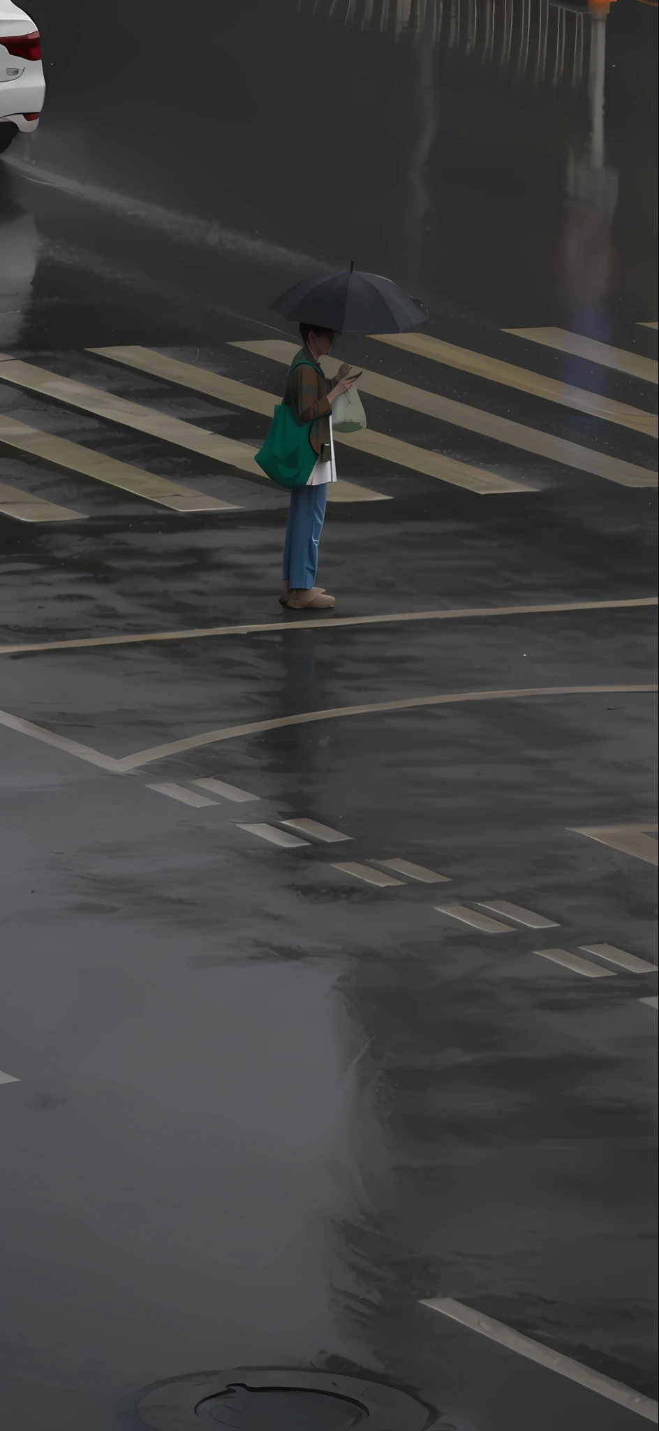 There was a woman walking across the street with an umbrella, wet floor on streets, Wet pavement, Wet puddles on the street, reflections on wet streets, day after raining, Wet streets, wet street, Standing in the rain, Wet reflective ground, It just rained, rain puddles, after rain and no girls, under rain, standing water, Rainy weather, rainy street