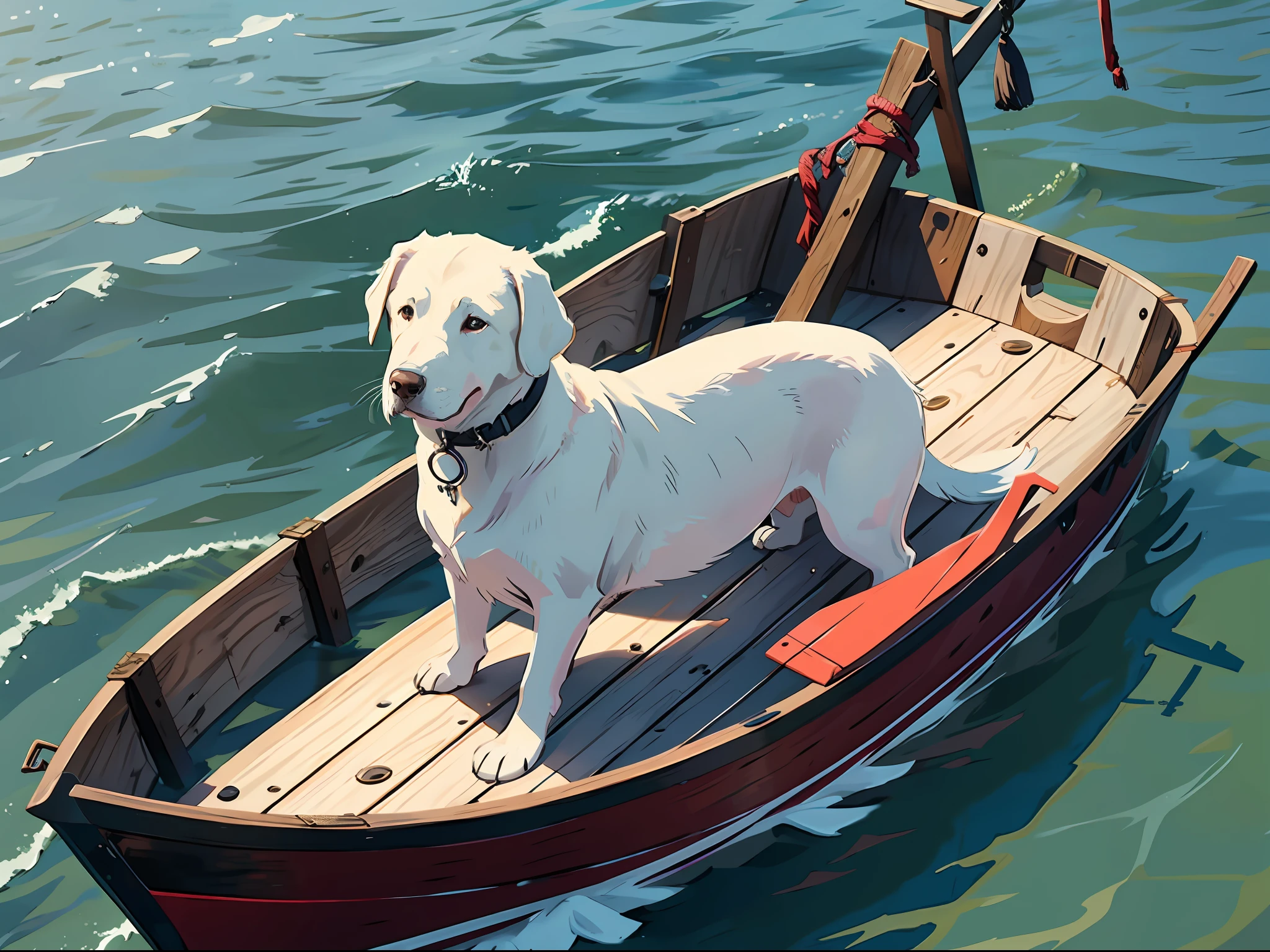 A white Labrador,Take a small wooden boat,Maritime navigation