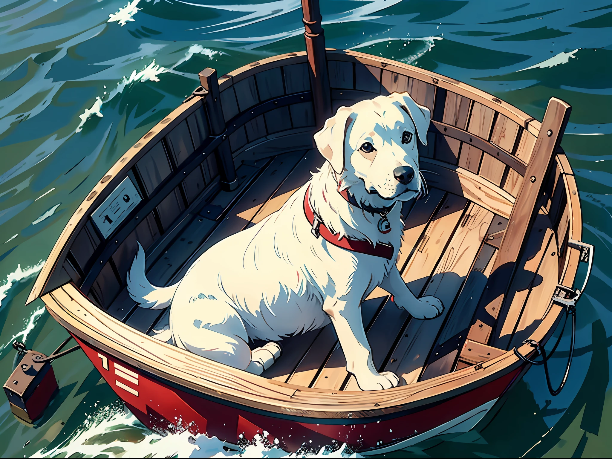 A white Labrador,Take a small wooden boat,Maritime navigation