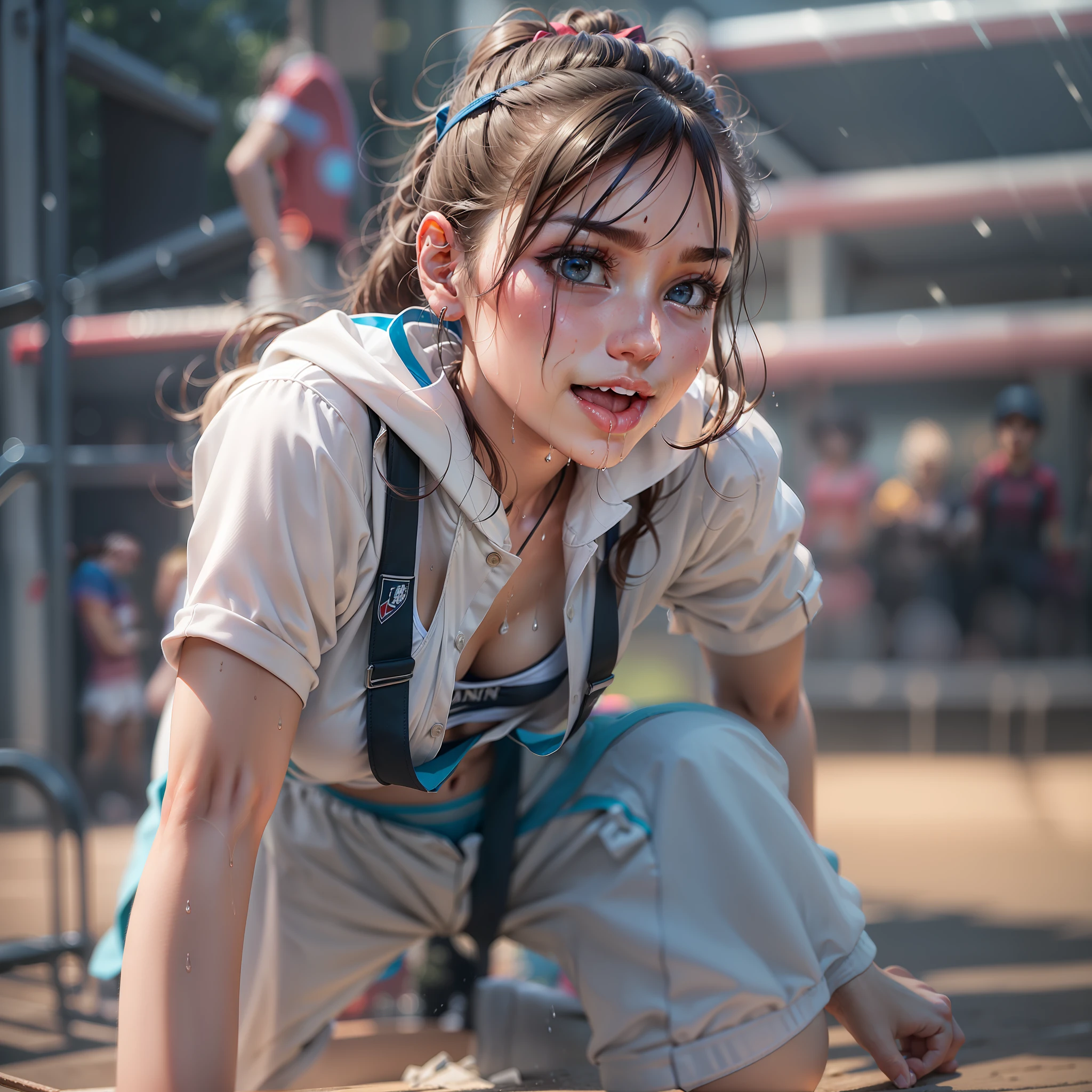 A girl, kneeling on the playground after school, (full body visible)), away from the audience.
She is a beautiful, pretty, cute, cute, young, teenager.
She is slim, slender, petite, thin, (flat-chested), (small boobs), (small breasts).
She was sweaty, wet, and drenched. The clothes are transparent, there is sweat on the skin, and the hair is wet.
She grinned and smiled. She looks natural, relaxed and unpretentious.
Scheming face. Make faces. (sticking out his tongue), telling a secret, hiding a secret, shyness, excitement.
She stared at the audience.
She wears a black ponytail.
She wore a school uniform, a rolled up white shirt with a blue collar, a colored corduroy sports bra under the shirt, blue shorts, and two layers.
Shirtlift, .(((She lifts her shirt, revealing the sports bra underneath))).
Camera focused on her face, light shining on her face, very large aperture, ((f/1.2)), shallow depth of field, strong blur in background lens, ISO 3000, auto white balance,
Extremely detailed, professional lighting, soft light, original photos, Uniqlo fashion models,
best quality, masterpiece, award-winning photography, huge file size, 8k, high resolution,
Shot on a Sony DSLR.