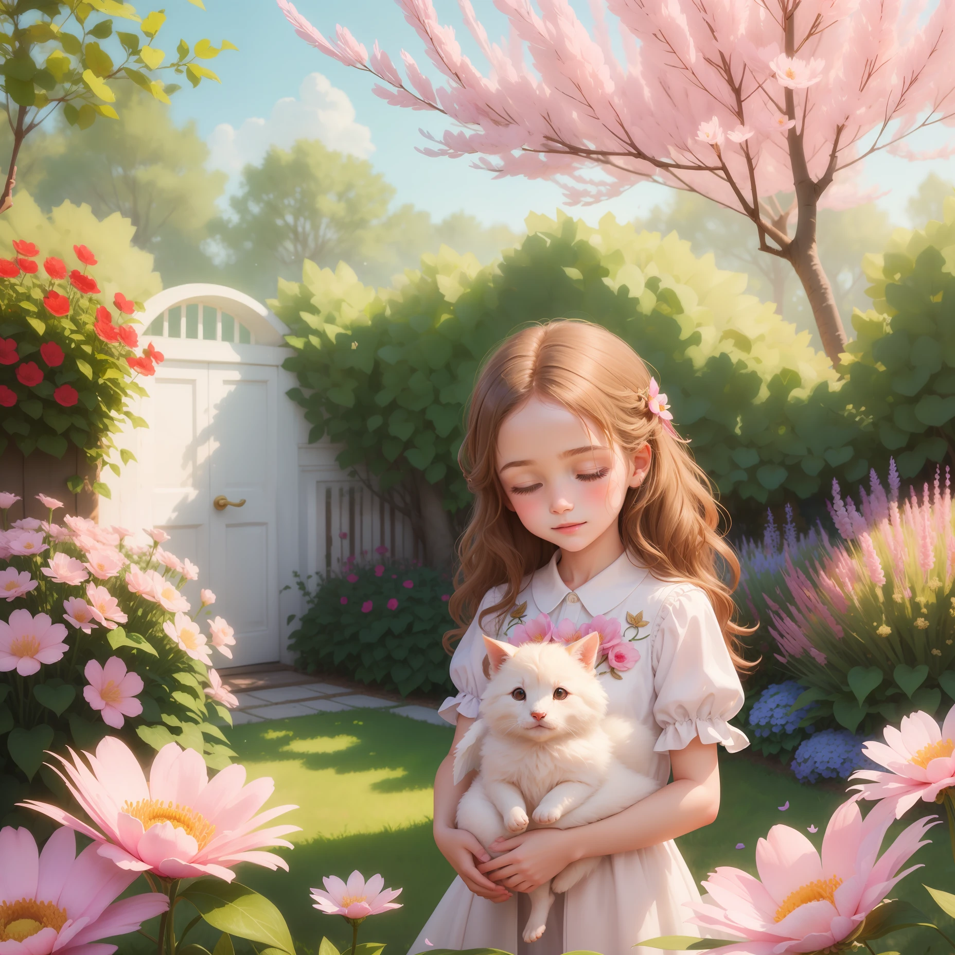 n this enchanting, angelic scene, we find a , about five in a serene, sun-drenched garden. The child's face is a picture of innocence, with big, bright eyes that twinkle like bright stars and a soft, sweet smile that radiates pure joy and tranquility. Her features are rosy and her skin has an ethereal glow, adding to the angelic aura that surrounds her. The child is dressed in a preservedent, reminiscent of heavenly little angels. She wears a pristine white robe adorned with delicate gold embroidery along the hems and small silver sequins that catch the sunlight, creating a mesmerizing glow. A pair of soft, feathery wings sprout from the child's back, their immaculate whiteness matching the tunic. The wings have a subtle glow, reflecting soft pastels, as if kissed by the colors of a soft rainbow. With the little hands clasped together in a prayer position, the child exudes a sense of calm and devotion. Her little fingers are delicately intertwined, and her head is slightly bowed, showing the sincerity and innocence of her heart as she offers her prayers to the heavens above. With bright and open eyes, the child seems to look directly at the observer, establishing a connection of peace and serenity through the look. The surrounding garden complements the scene perfectly, filled with vibrant flowers in varying shades of pink, white and lavender. The air is suffused with the delicate influence of flowers, and butterflies flutter around, drawn by the pure spirit of the child. Rays of sunlight filter through the foliage, casting a soft, warm glow over the little girl's angelic form, making tire scene claim to be a glimpse of paradise itself. This image prompt captures a moment of spiritual connection and innocence, evoking feelings of peace, love and the beauty of childhood devotion.