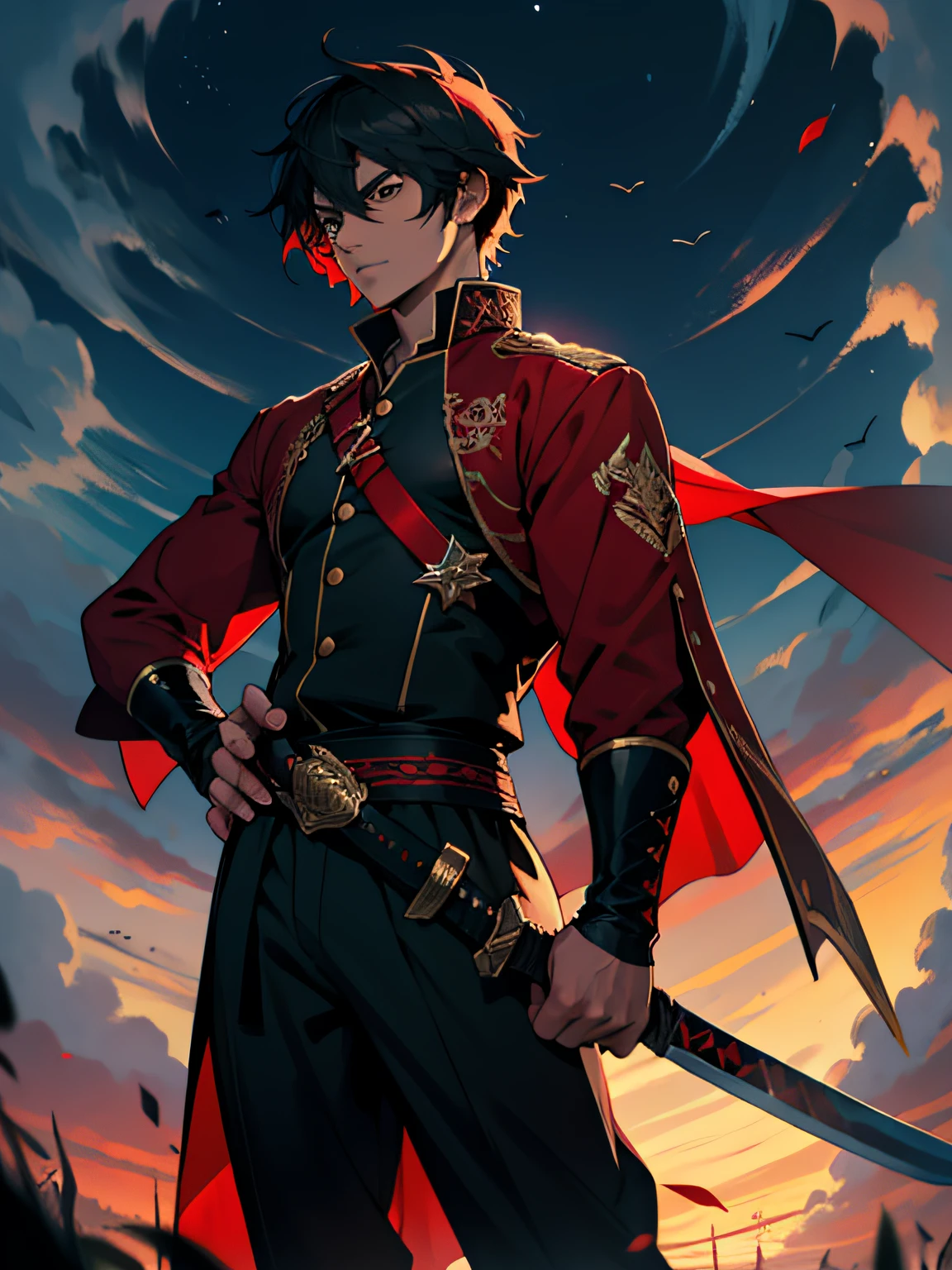 of a guy，Black and red tang costume，Long sword in hand，nigth，Flying，