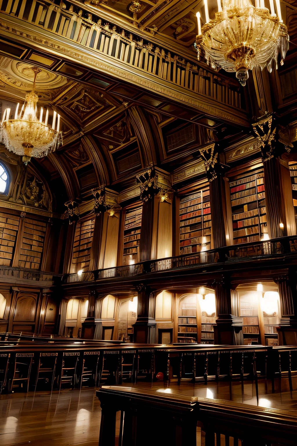 "a queen in a splendid golden dress, sumptuous baroque library with richly painted ceiling.