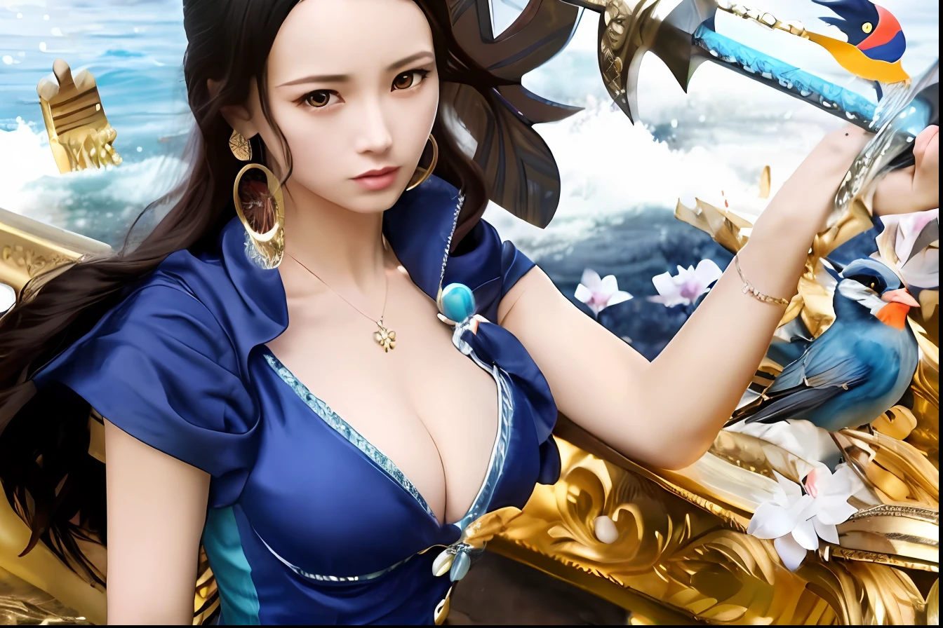 a woman in a blue dress holding a sword and a bird, nico robin, nami one piece, from one piece, nami from one piece, queen of the sea mu yanling, one piece artstyle, oda non, one piece, nami, beautiful portrait of nami, one piece ship sailing, one piece style, scales covering her chest, pirate queen