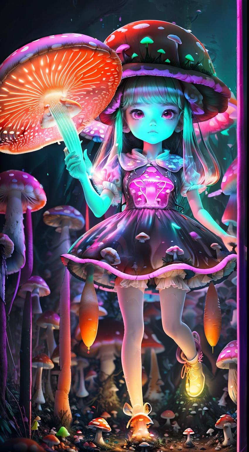 1girl and many neon mushrooms,shroom, transparent skin, transparent body, carrot ears