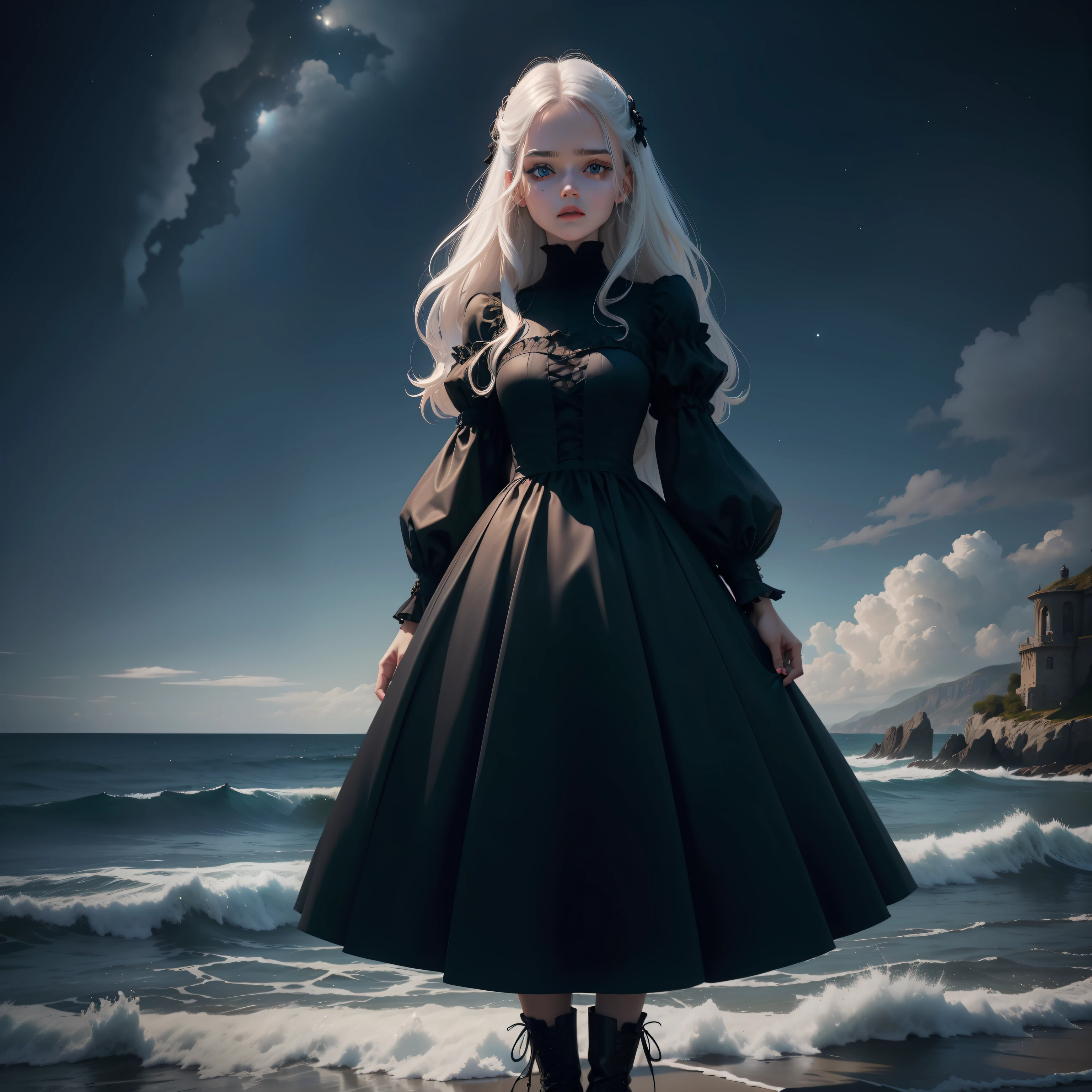 Create an imagam illustrating what a 19-year-old goth girl would look like, her skin is clear, almost pale;, His eyes are blue in color but it is a very striking dark sea blue, a boca dela deve ser delineada e com um tom vermelho sedutor, ela deve ter longos cabelos negros lisos, duas mechas desse cabelo devem cair sobre o rosto da garota, The girl is wearing a long medieval dress with long sleeves, The girl is wearing a pair of high-top boots, And to finish the girl is in a place resembling a long sea of stars.