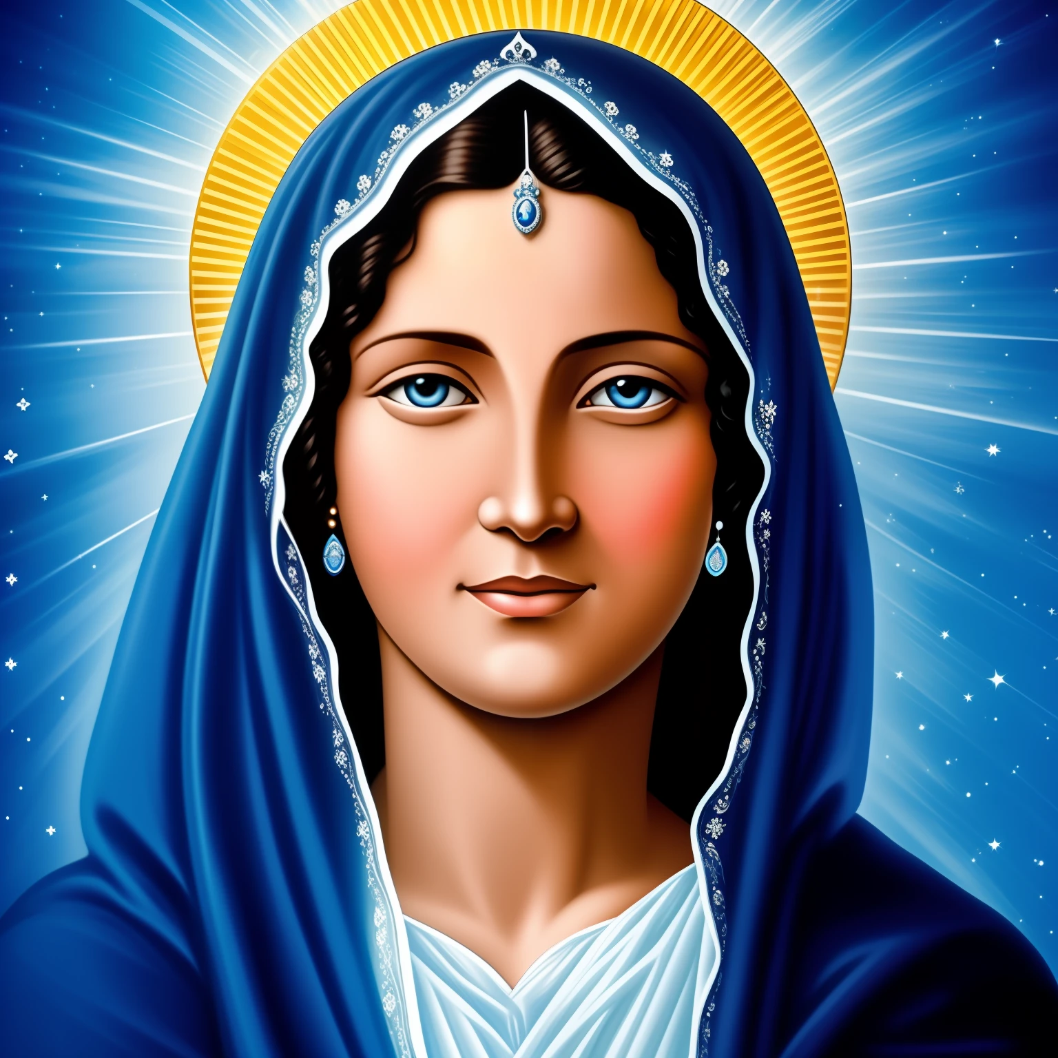 Virgem Maria, Blessed Mother, Mulher de 45 anos, mother of Jesus, Cabelo pretos, pele negra , olhando para frente, blue veil, Crown of light on the head, imagem perfeita, vestido de azul