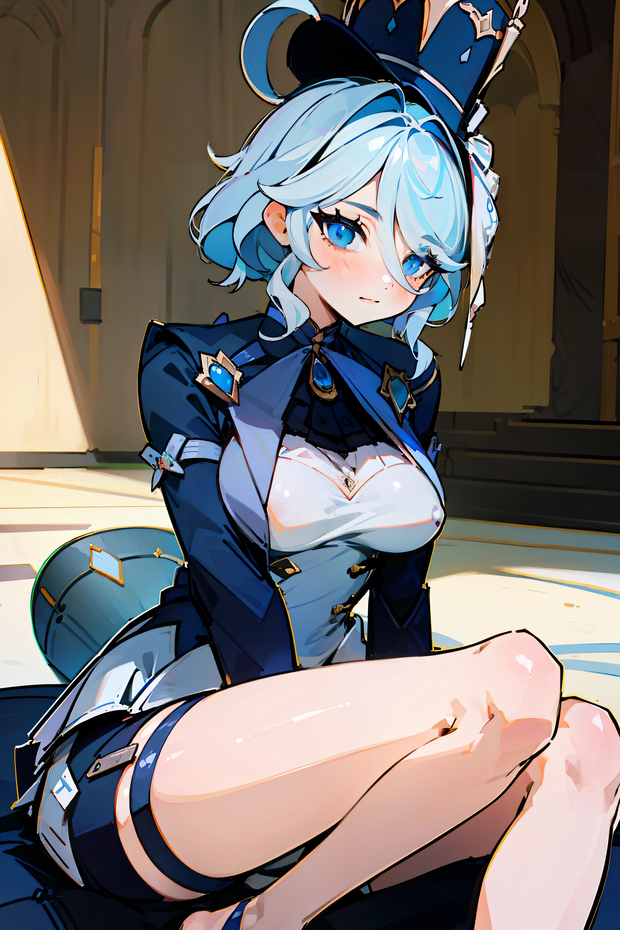 (masterpiece),best quality, expressive eyes, perfect face,w sitting, w sitting on ground, legs on ground, arms between legs, bot arms between legs,1girl,
big breast, H-cup, good breast,Focalors