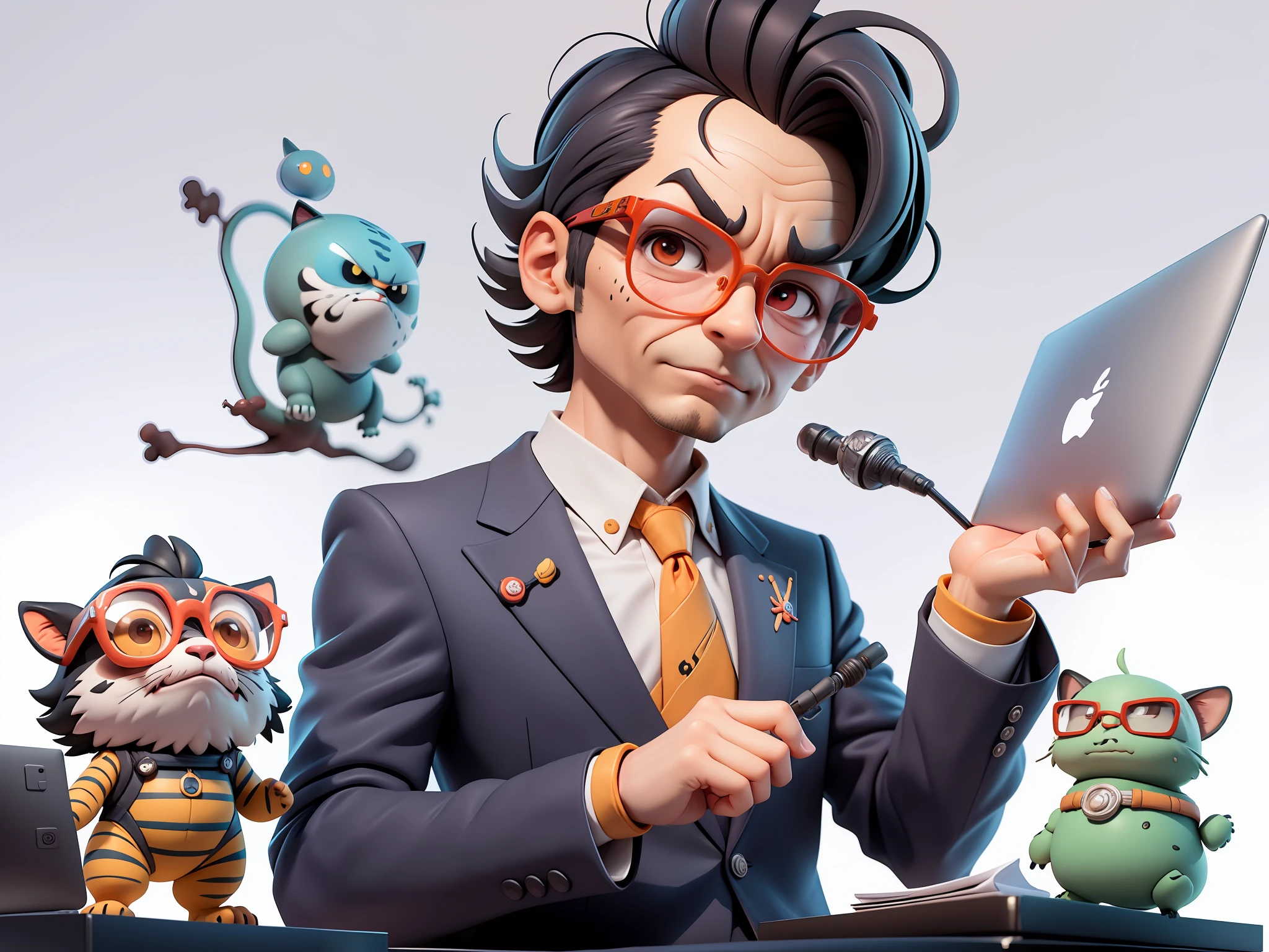 A young man in a suit, Short hair and glasses sat at his desk，holding laptop，digitial painting，tigre，3D character design by Mark Clairen and Pixar and Hayao Miyazaki and Akira Toriyama，4K HD illustration，Very detailed facial features and cartoon-style visuals。