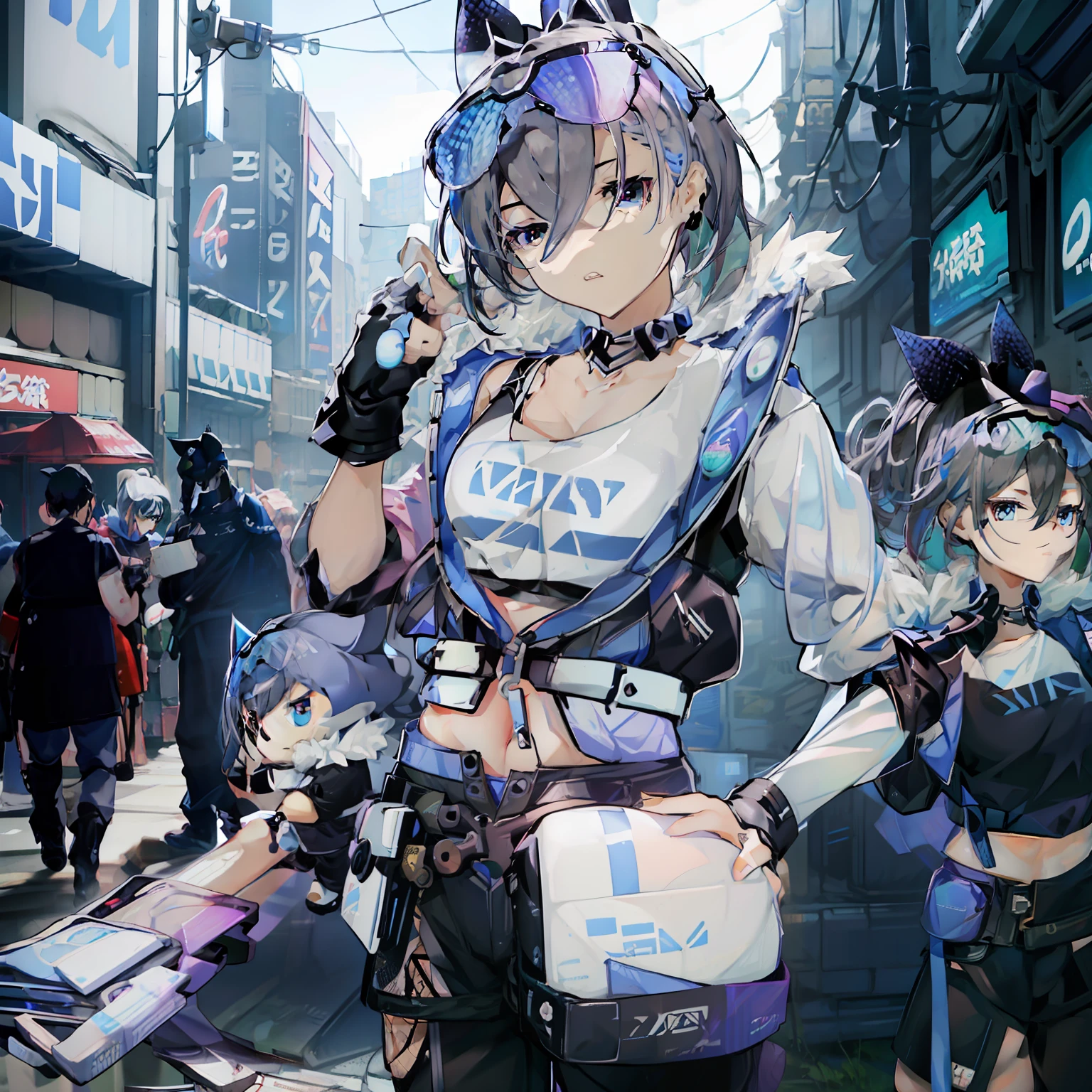 Beautiful woman medium hair、hated、cyberpunked、a short bob、a blond、White Summer Knitted Cap、 odd eye、blue right eye、Green left eye、Blue Leather Vest、Long white T-shirt、White Cargo Pants、Black Engineer Boots、head phone、Carried a sword on his back Japan、Sprint、In front of Shibuya Station、natta