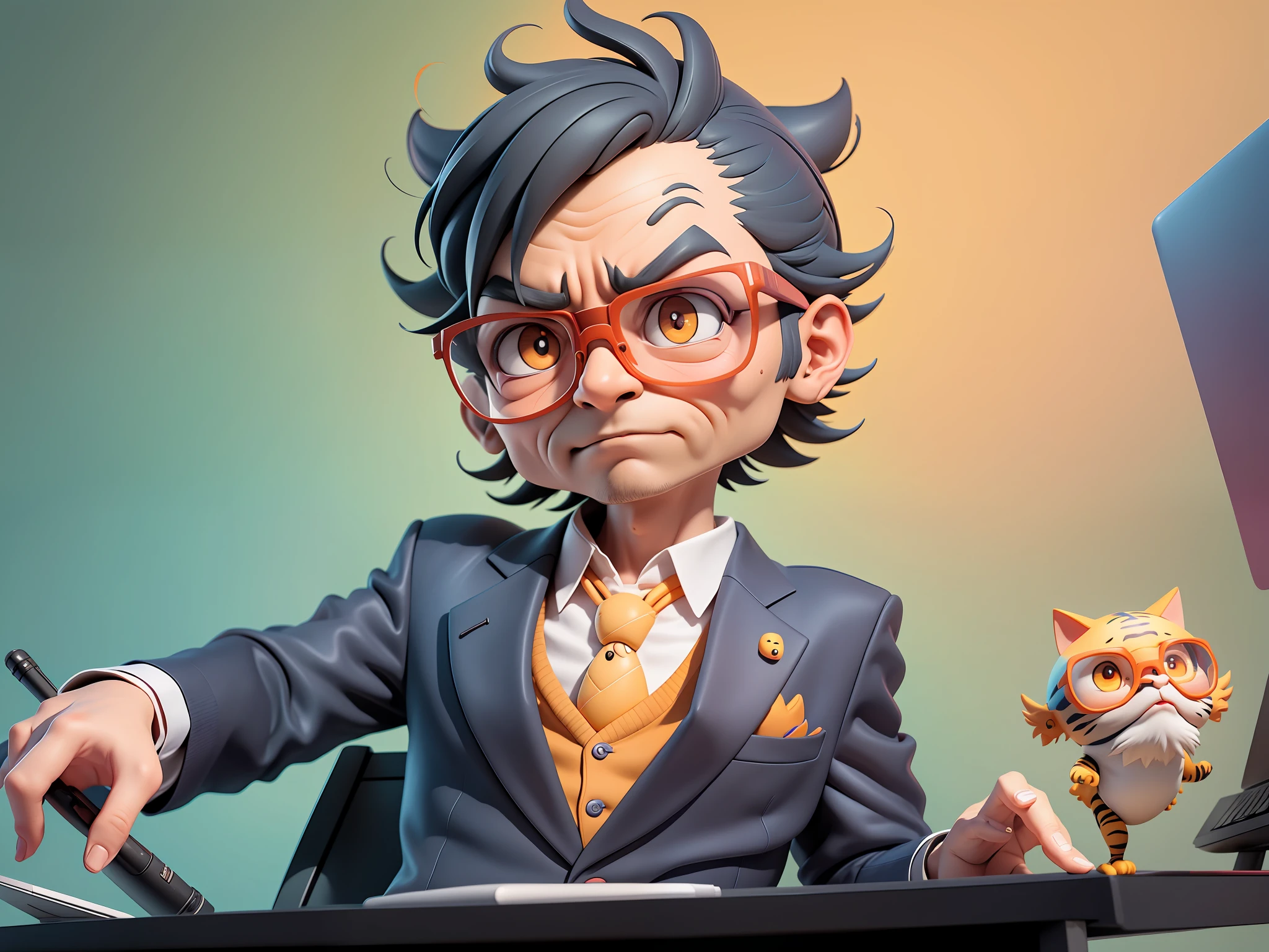 A young man in a suit, Short hair and glasses sat at his desk，holding laptop，digitial painting，tigre，3D character design by Mark Clairen and Pixar and Hayao Miyazaki and Akira Toriyama，4K HD illustration，Very detailed facial features and cartoon-style visuals。