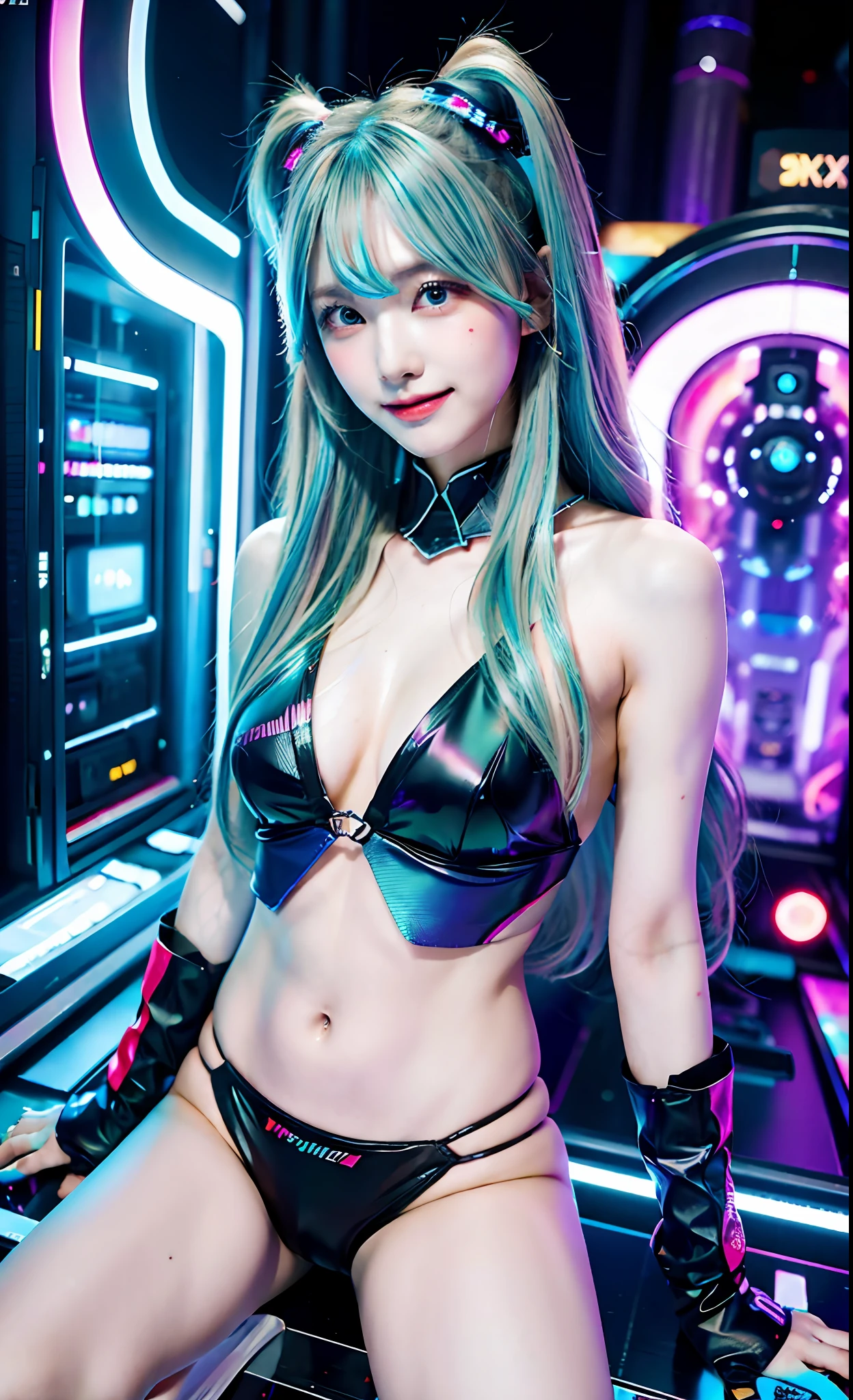 Masterpiece, Best Quality, Hatsune Miku, Girls, Slender, Rainbow Color Eyes, Hair Color, Iridescent, Long Hair Spreads, White Skin, Medium, Cute, Sexy, Halo, Near Future, Bikini, Too Exposed Skin, Psychedelic, Trip, Extreme Color, Paisley, Extreme Color, Cyberspace, Cyberpunk, Mandala Theme, Open Legs, Eyeshadow, False Lashes, Blushing, Left Arm of Machine, Smile, Systemic