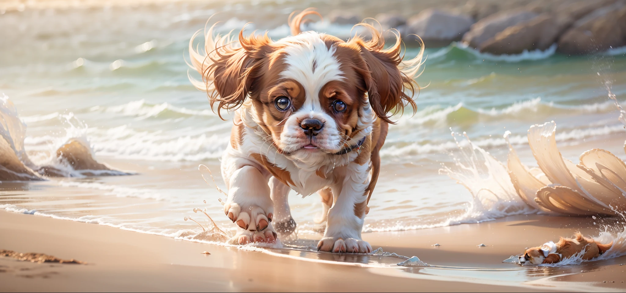 ((obra-prima)), King Charles Spaniel puppy walking on beach sand with clear water landscape and ultra realistic 8k transparent photo