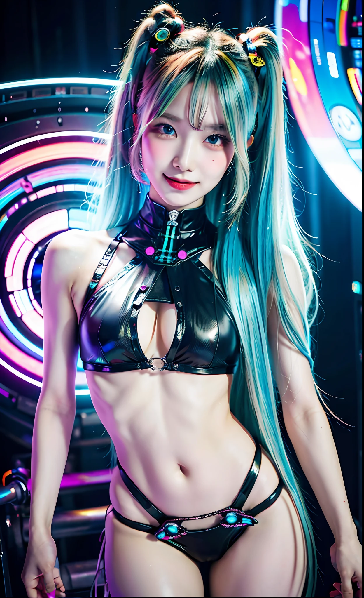 Masterpiece, Best Quality, Hatsune Miku, Girls, Slender, Rainbow Color Eyes, Hair Color, Iridescent, Long Hair Spreads, White Skin, Medium, Cute, Sexy, Halo, Near Future, Bikini, Too Exposed Skin, Psychedelic, Trip, Extreme Color, Paisley, Extreme Color, Cyberspace, Cyberpunk, Mandala Theme, Open Legs, Eyeshadow, False Lashes, Blushing, Left Arm of Machine, Smile, Systemic