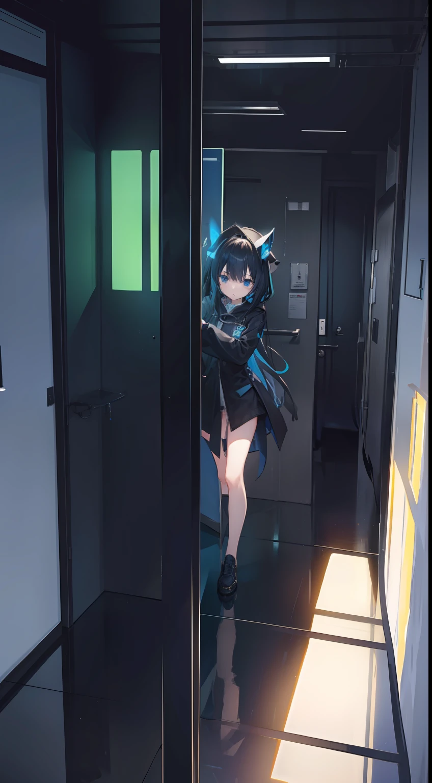 Cube room、murky、One girl、to stand、Black clothes、suits、Seen from above、masterpiece、Top image quality、top-quality、suspicious、makina、Mechanical light