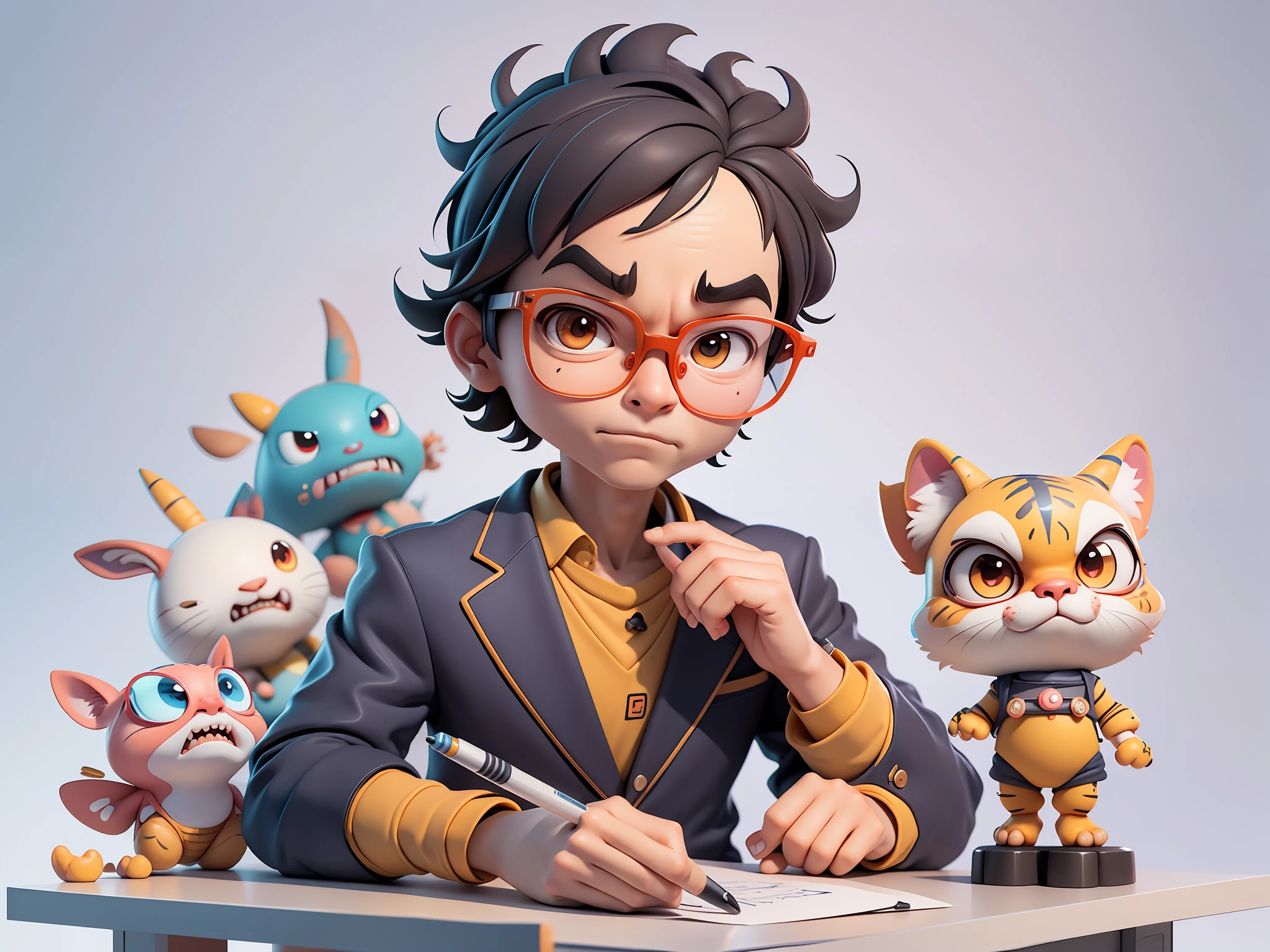 A young man in a suit, Short hair and glasses sat at his desk，holding laptop，digitial painting，tigre，3D character design by Mark Clairen and Pixar and Hayao Miyazaki and Akira Toriyama，4K HD illustration，Very detailed facial features and cartoon-style visuals。