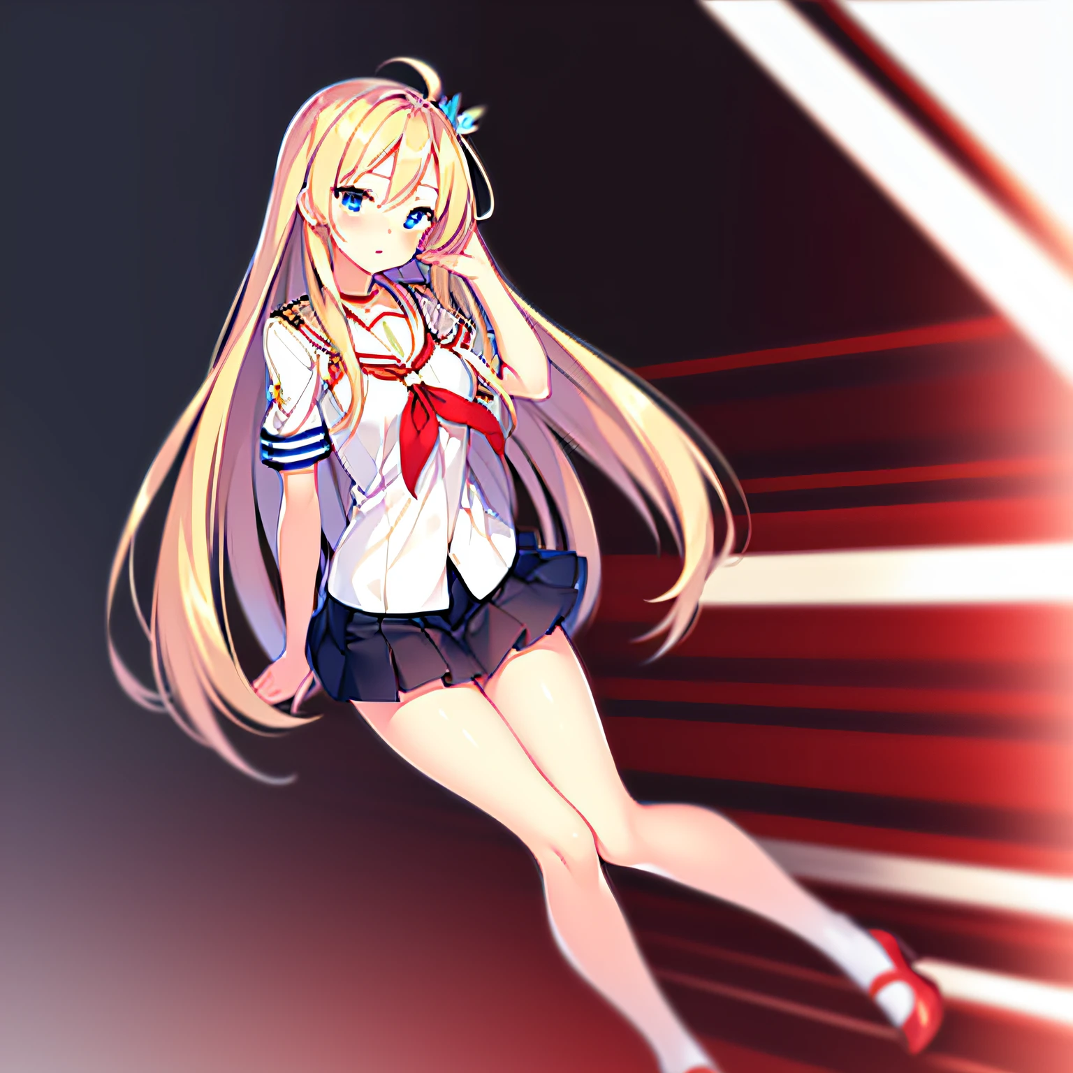 Saratoga (warship girls r),((Masterpiece)), (((Best quality))), ((Ultra-detailed)), ((illustration)), ((Disheveled hair)), ((frilld)), (1 girl), (Solo)，black sock, black thighhigns, Blonde hair, Blue eyes, Blue skirt, Blush, Clothing, Eyebrows visible through hair, Female, Footwear, full bodyesbian, High heels, legwear, Long hair, view the viewer, neckerchief, parted lip, red neckchief, Red necklace, shoes, Short sleeves, Skirt, upper legs