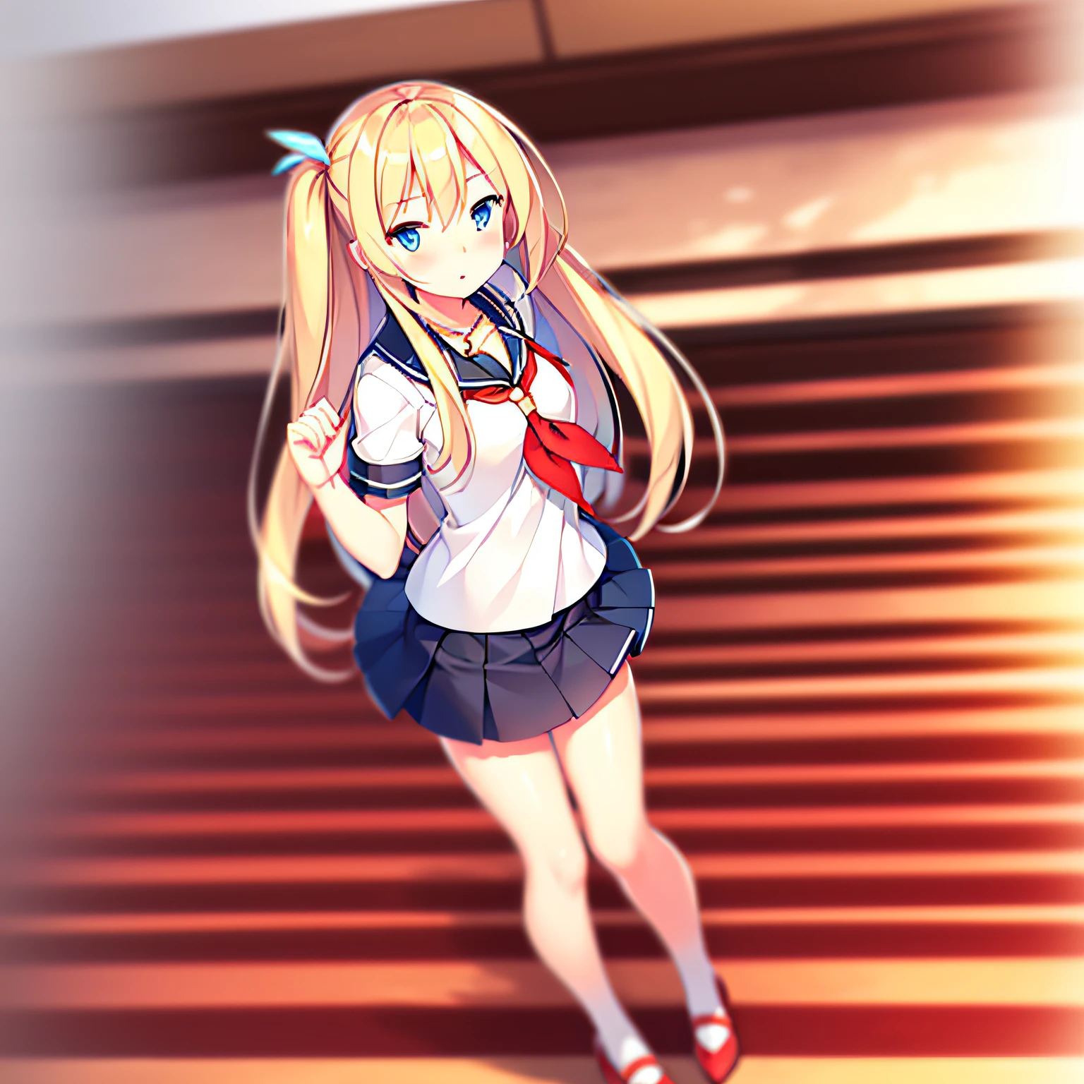 Saratoga (warship girls r),((Masterpiece)), (((Best quality))), ((Ultra-detailed)), ((illustration)), ((Disheveled hair)), ((frilld)), (1 girl), (Solo)，black sock, black thighhigns, Blonde hair, Blue eyes, Blue skirt, Blush, Clothing, Eyebrows visible through hair, Female, Footwear, full bodyesbian, High heels, legwear, Long hair, view the viewer, neckerchief, parted lip, red neckchief, Red necklace, shoes, Short sleeves, Skirt, upper legs