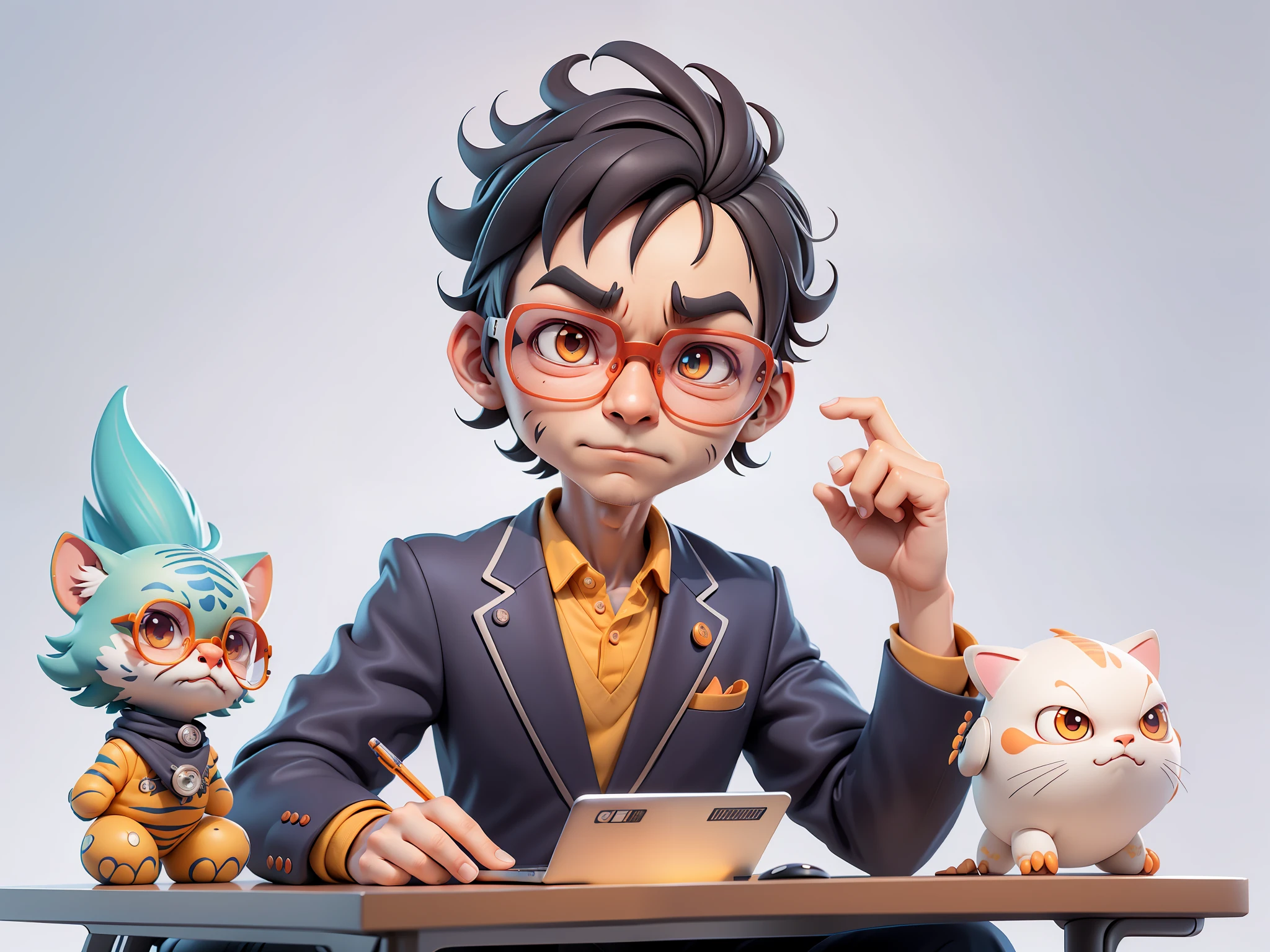 A young man in a suit, Short hair and glasses sat at his desk，holding laptop，digitial painting，tigre，3D character design by Mark Clairen and Pixar and Hayao Miyazaki and Akira Toriyama，4K HD illustration，Very detailed facial features and cartoon-style visuals。