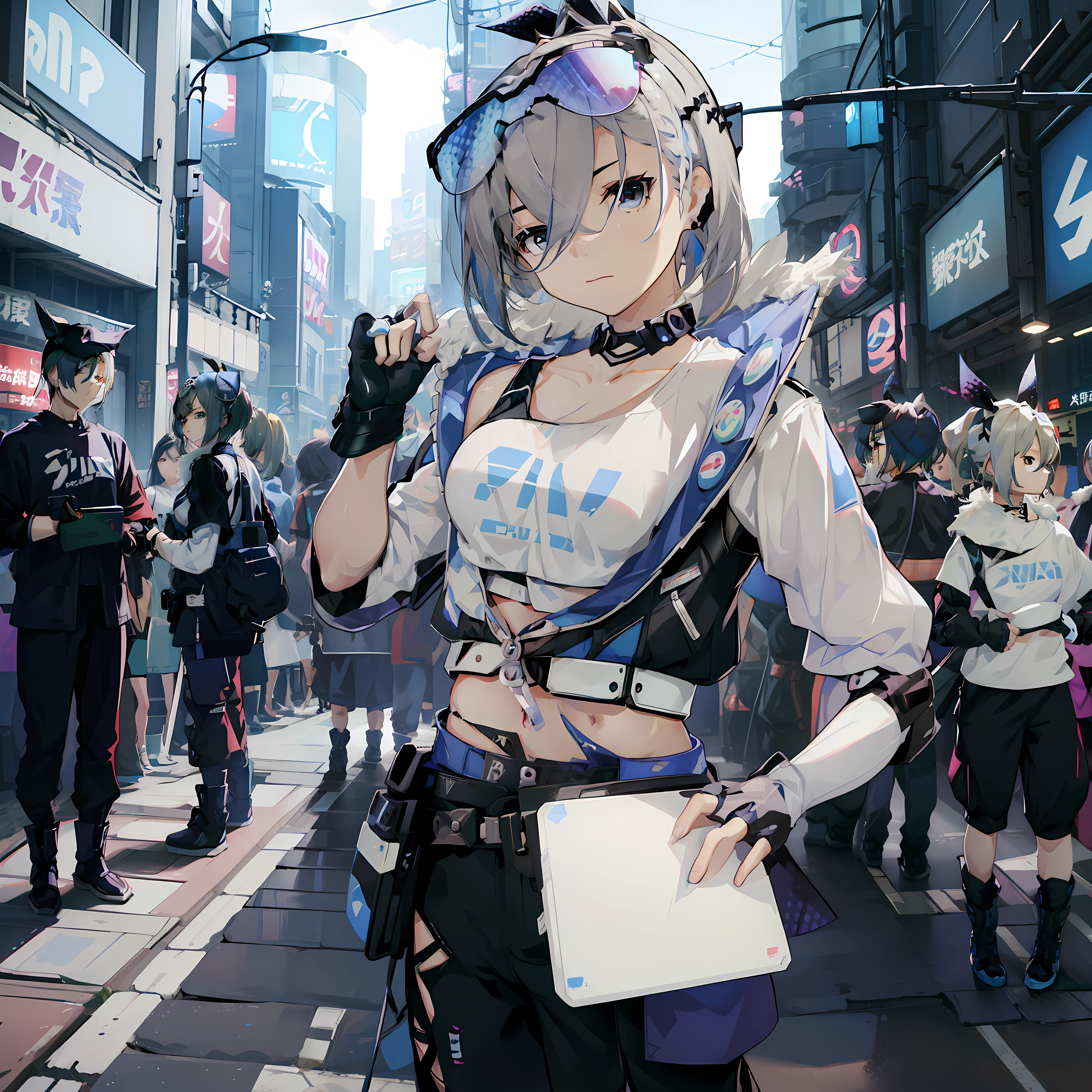 Beautiful woman medium hair、hated、cyberpunked、a short bob、a blond、White Summer Knitted Cap、 odd eye、blue right eye、Green left eye、Blue Leather Vest、Long white T-shirt、White Cargo Pants、Black Engineer Boots、head phone、Japan with a sword on your back、Sprint、In front of Shibuya Station、natta