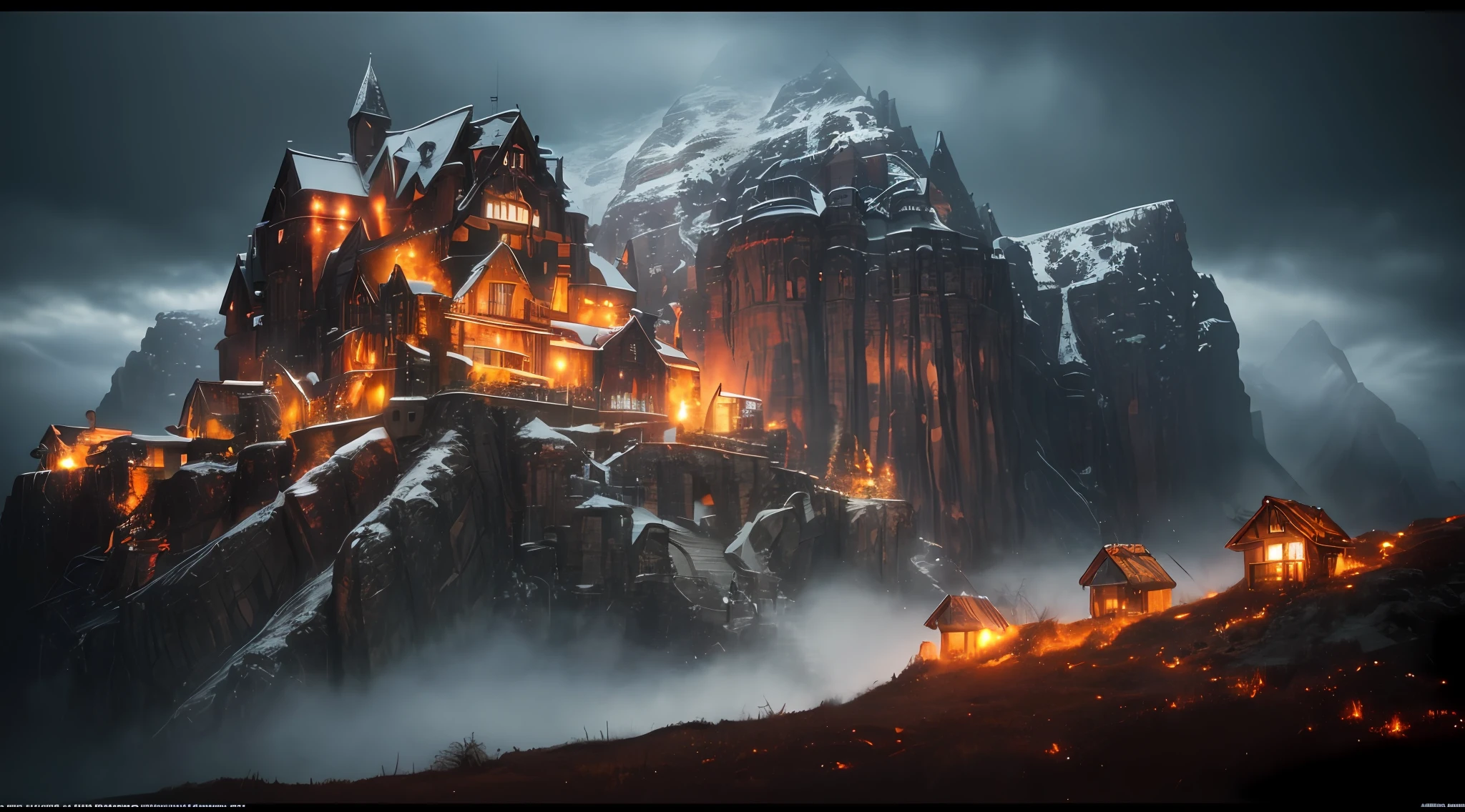 ((night)), winter, scottish medieval castle, dark night atmosphere, dark atmosphere, night ambient, ((foggy atmosphere)), a painting of a meandering snow in a mountain valley, trending on artstation, sharp focus, studio photo, intricate details, highly detailed, by greg rutkowski, a comic book panel by jeffrey smith, featured on deviantart, american scene painting, dc comics, marvel comics, concept art, perfect composition, beautiful detailed intricate insanely detailed octane render trending on artstation, 8 k artistic photography, photorealistic concept art, soft natural volumetric cinematic perfect light, chiaroscuro, award - winning photograph, masterpiece, oil on canvas, raphael, caravaggio, greg rutkowski, beeple, beksinski, giger, centered, symmetry, painted, intricate, volumetric lighting, beautiful, rich deep colors masterpiece, sharp focus, ultra detailed, in the style of dan mumford and marc simonetti, astrophotography
