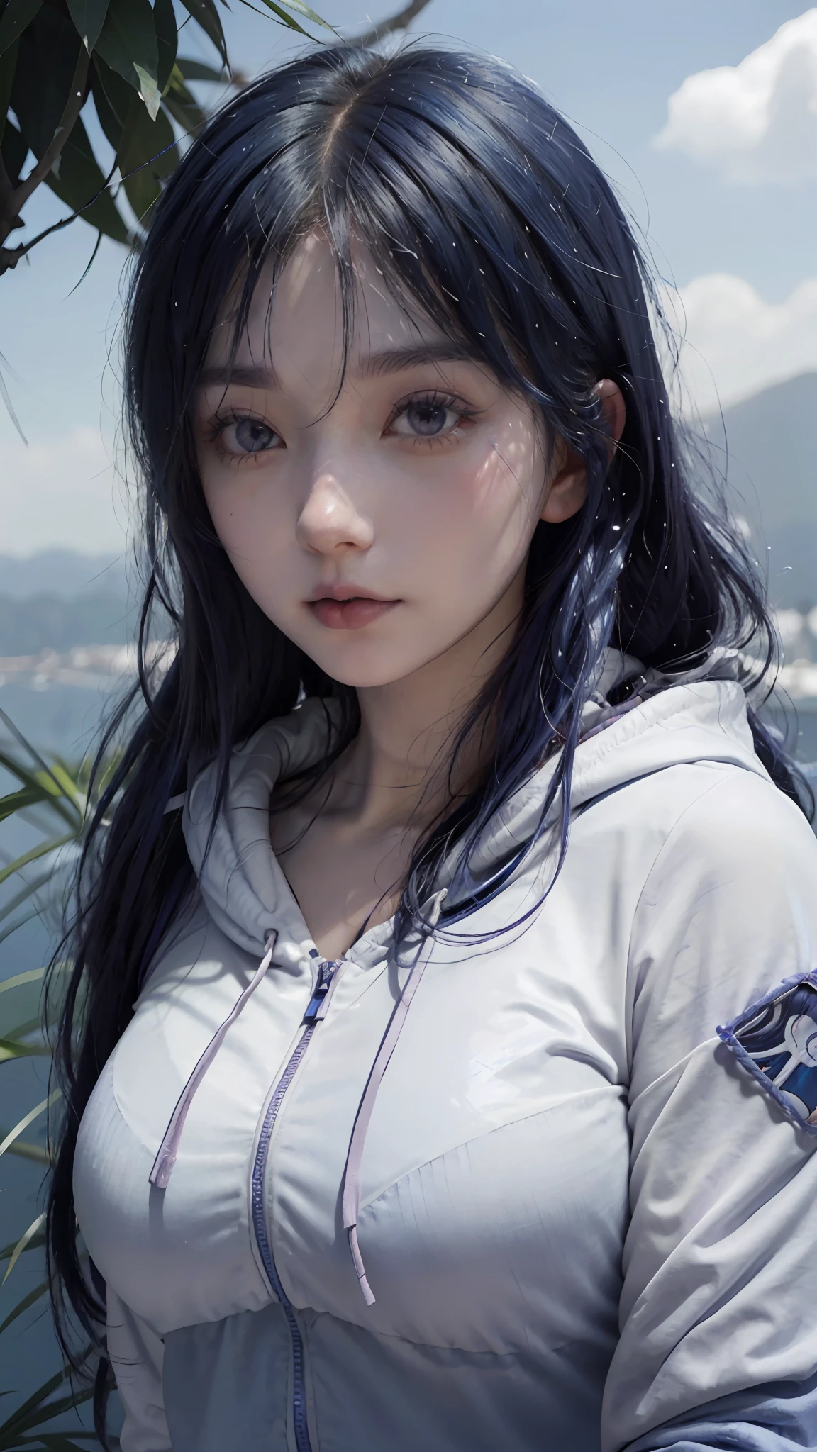 a close up of a person with long hair and a hoodie, hinata hyuga, hinata hyuga from naruto, from naruto, as an anime character, perfect anime face, she has dark blue hair with bangs, female anime character, anime character, anime best girl, hime cut hairstyle, dark blue hair, (red glossy lips:1.3), light purple eyes