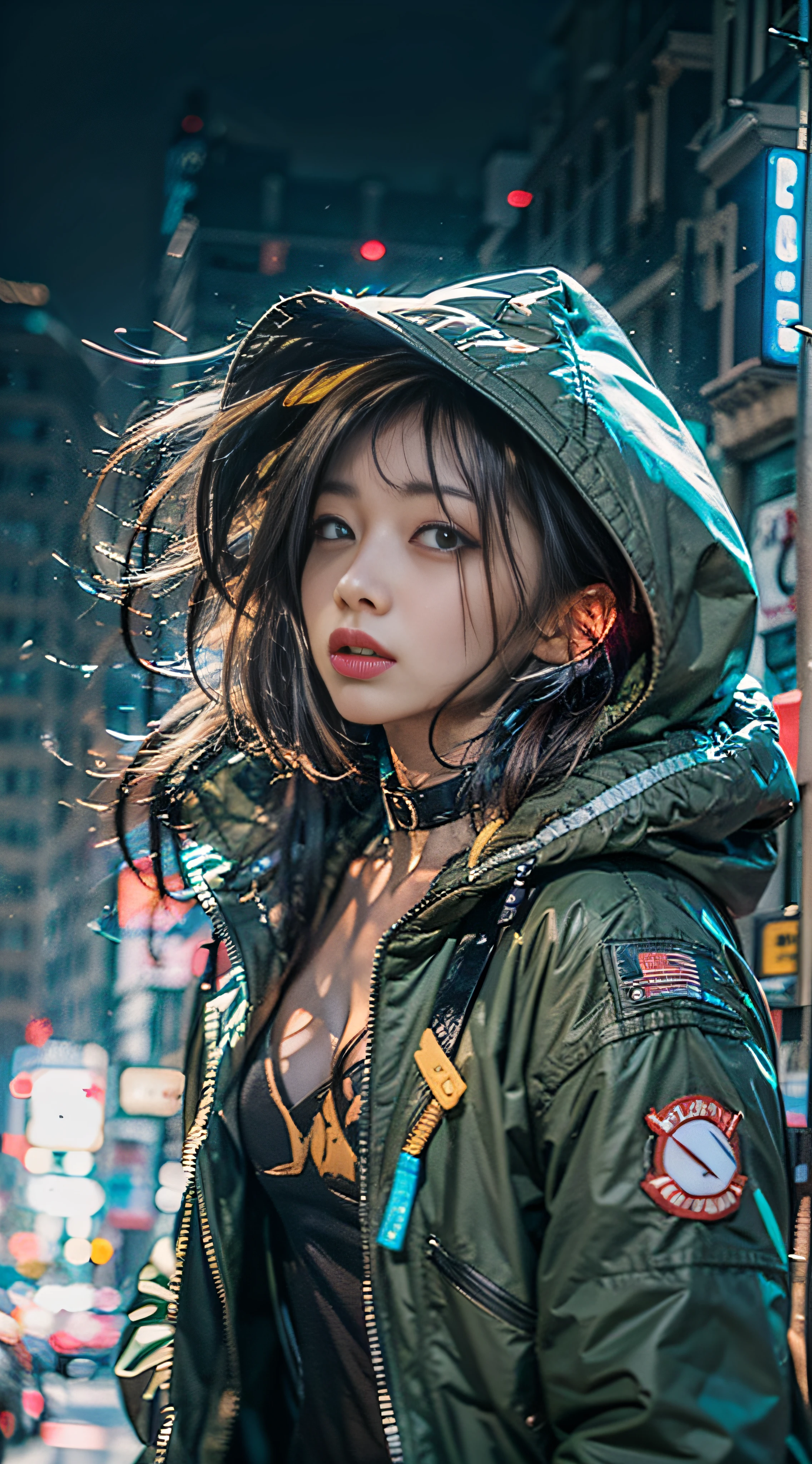(​masterpiece), top-quality, 8k、超A high resolution,teens girl, Cyberpunk 1 girl flying over stunning cityscape ,parka,brown haired, Neon Color Shooting Star, , off shoulders,Drawing with enhanced hair details、A detailed face、more hair、Detailed nose、Detailed mouth、Detailed body、Hair details、feathers hair ornament, neon color, The Flash, stunning night sky, 电影灯光, Photorealsitic, real looking skin, HDR,fish-eye lens
