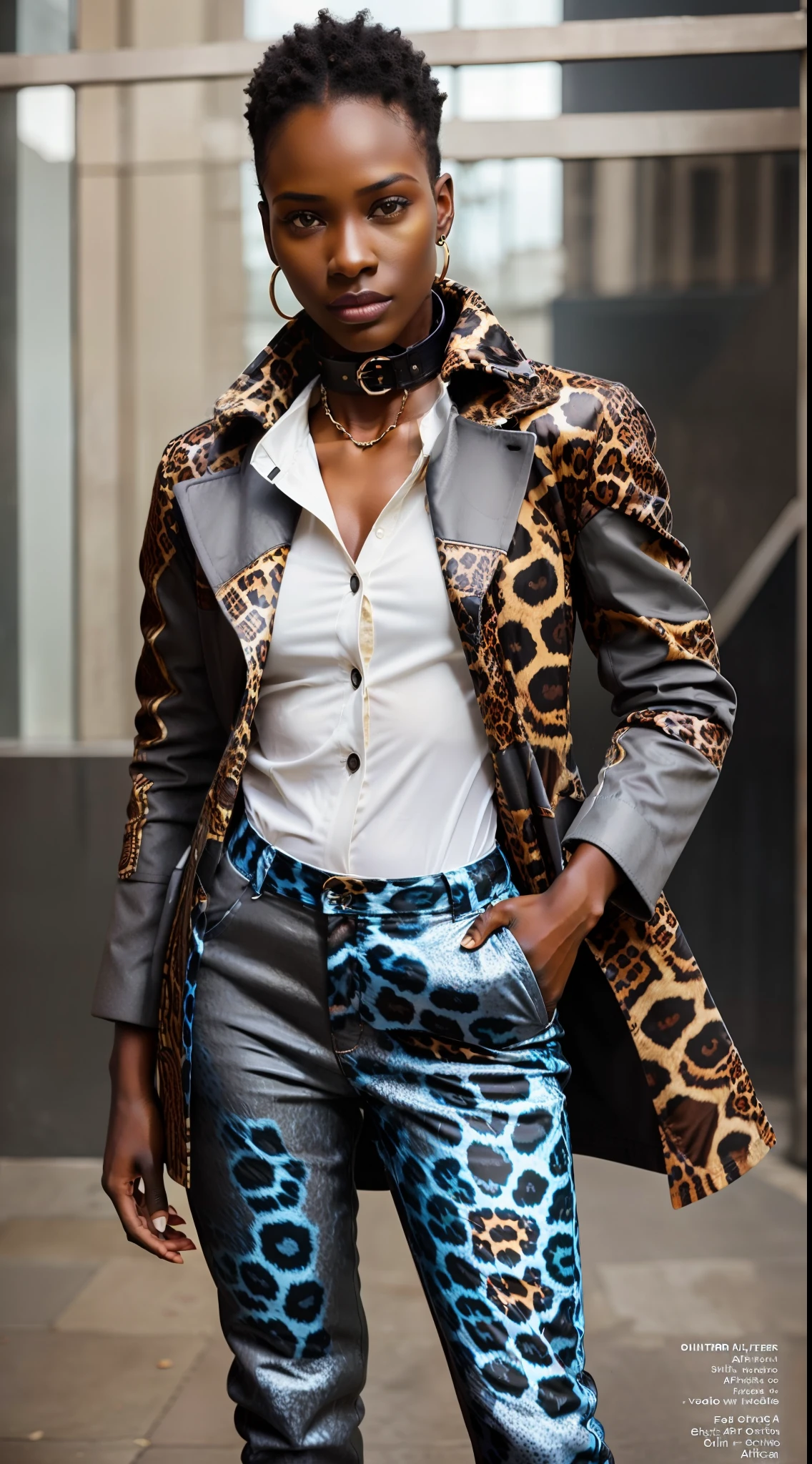 (((A black model with African facial features))) in elegant photomodel pose for digital magazine Editorial Cover Photo, ((wearing winter clothes)), (((High collar shirt pants and overcoat)))com((full jaguar print )), realistic print, symmetrical, detailed, haute couture, ultra detailed finishes, cute aspect, intricate details, photo editorial style of magazine cover, high fashion, apply editorial environment, masterpiece, highest quality, ultra detailed, high def,