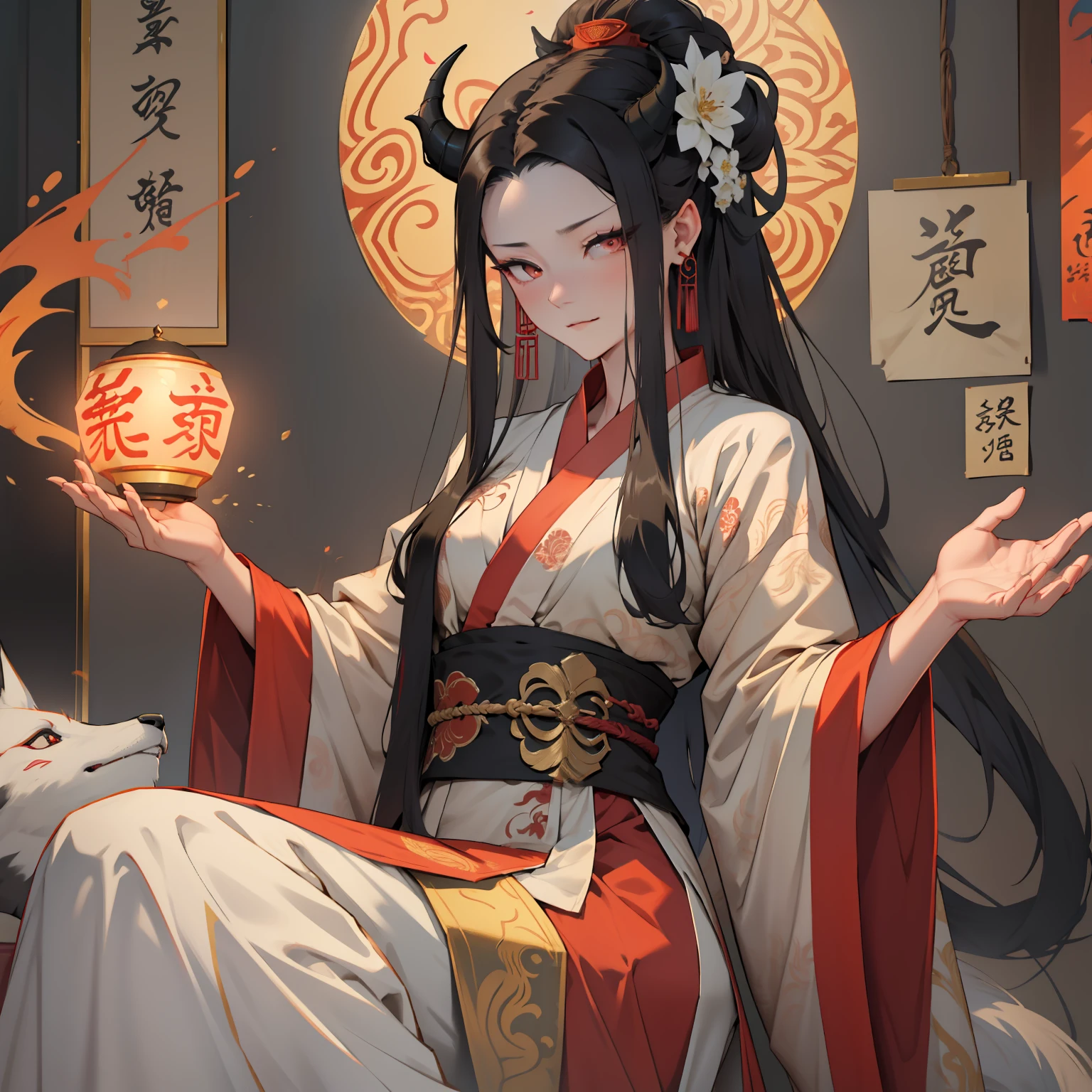 She was like a female emperor，Wearing Chinese Hanfu，The clothes are big red, elegant and luxurious，The temperament of the ancient queen can be seen from her，Like Wu Zetian，She is Xiao Wei in the painting skin，fox demon，There are ghosts around，It's the devil，Also God，Draw a full-body image