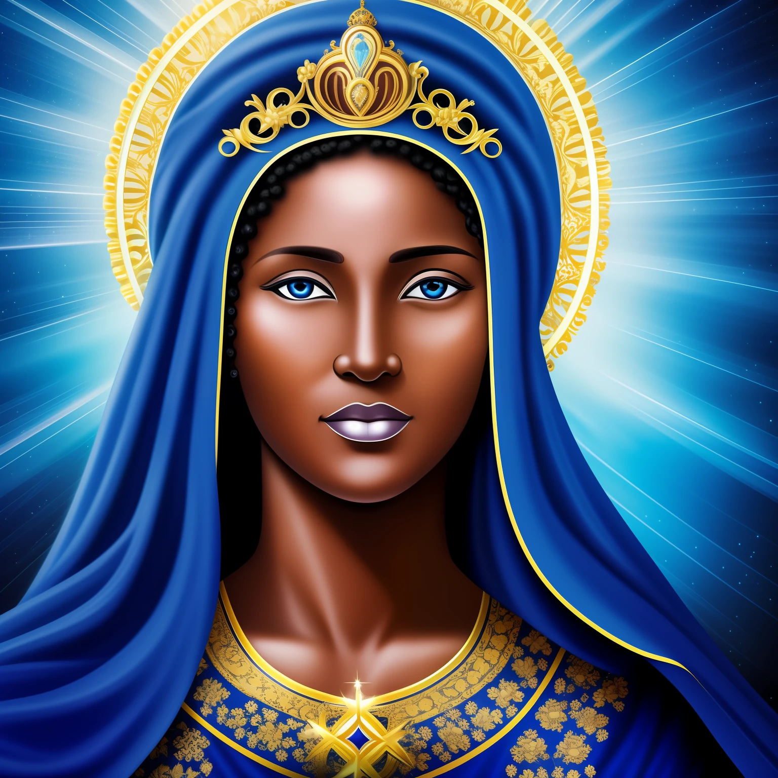 mulher negra, Virgem Maria, Blessed Mother, Mulher de 45 anos, mother of Jesus, Cabelo pretos, japonesa, olhando para frente, blue veil, Crown of light on the head, imagem perfeita, vestido de azul