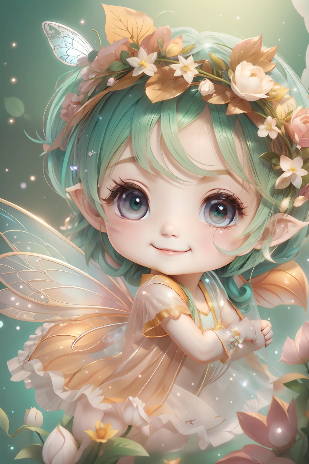 Cute fairy with a sense of transparency、Bright smile、Have fun playing、Beautiful background、Bright background、Green background