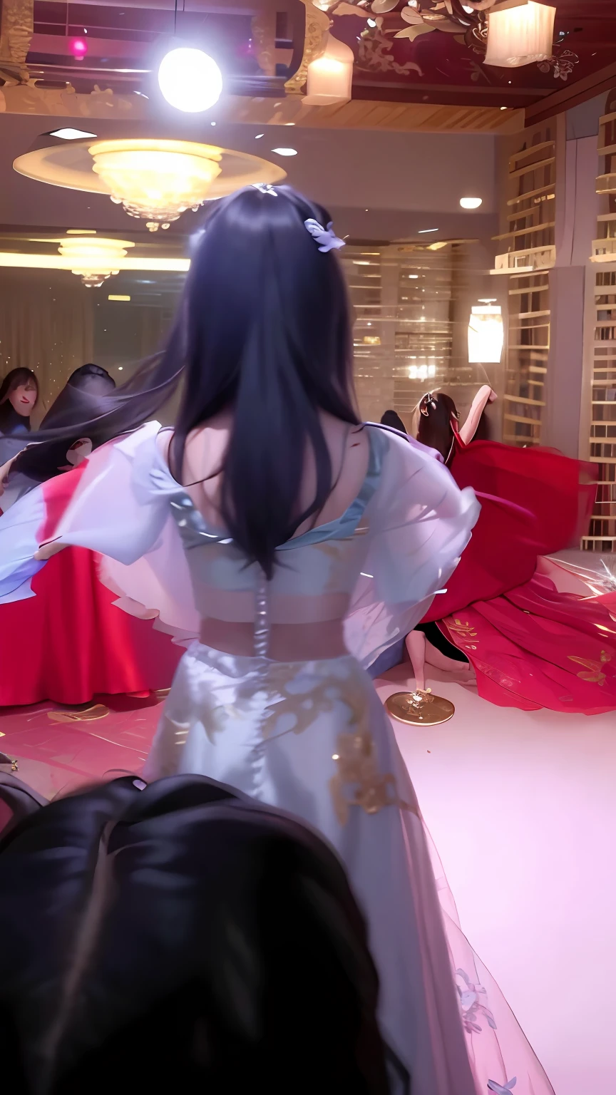 A woman in a dress stood in the room, dancing in the background, other women dancing behind, low quality video, she is dancing, low quality footage, Back view!!, photo still of behind view, as though she is dancing, With your back to the camera, wearing organza gown, At the party, With your back to the camera, long shot from back