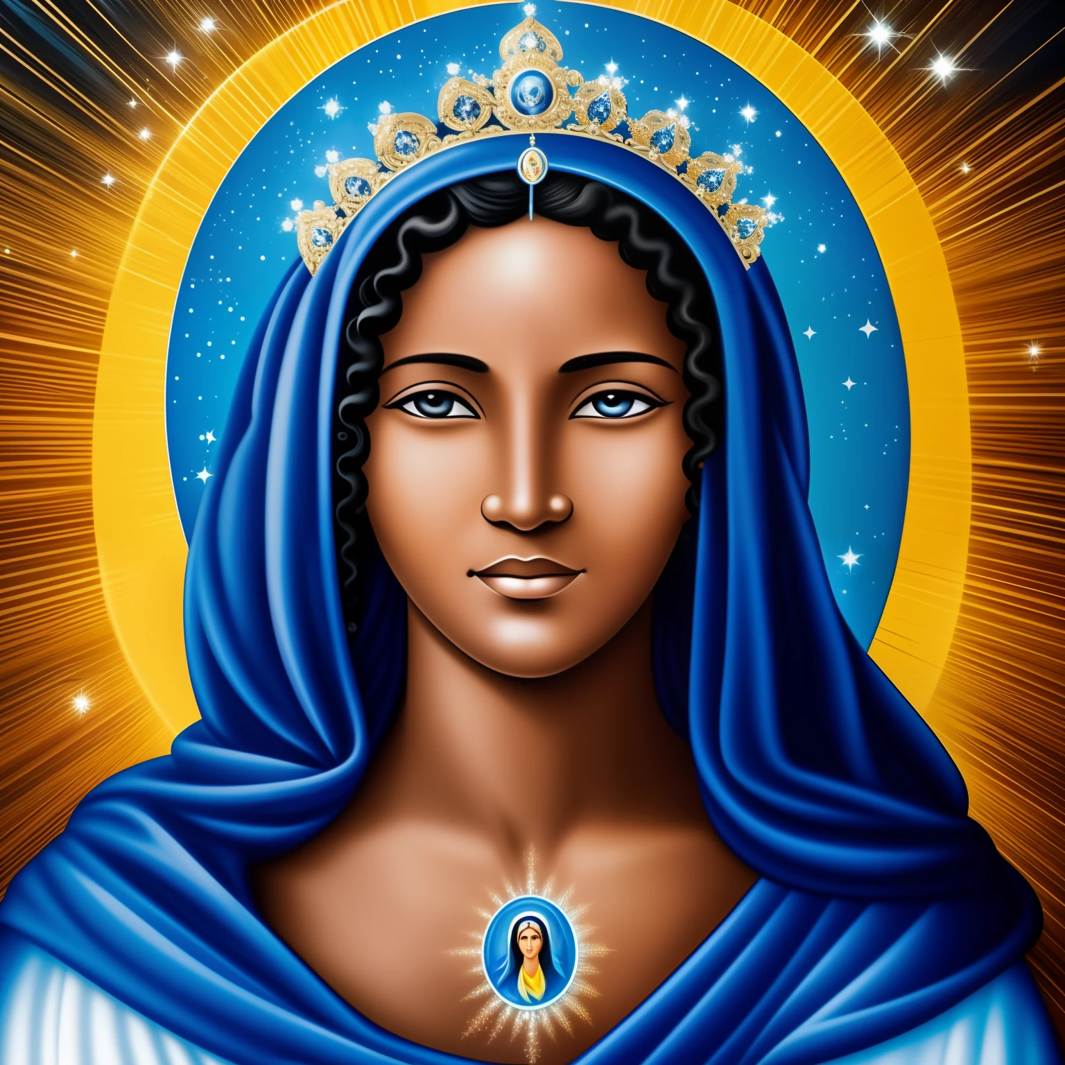 mulher negra, Virgem Maria, Blessed Mother, Mulher de 45 anos, mother of Jesus, Cabelo pretos, japonesa, olhando para frente, blue veil, Crown of light on the head, imagem perfeita, vestido de azul, embracing Jesus