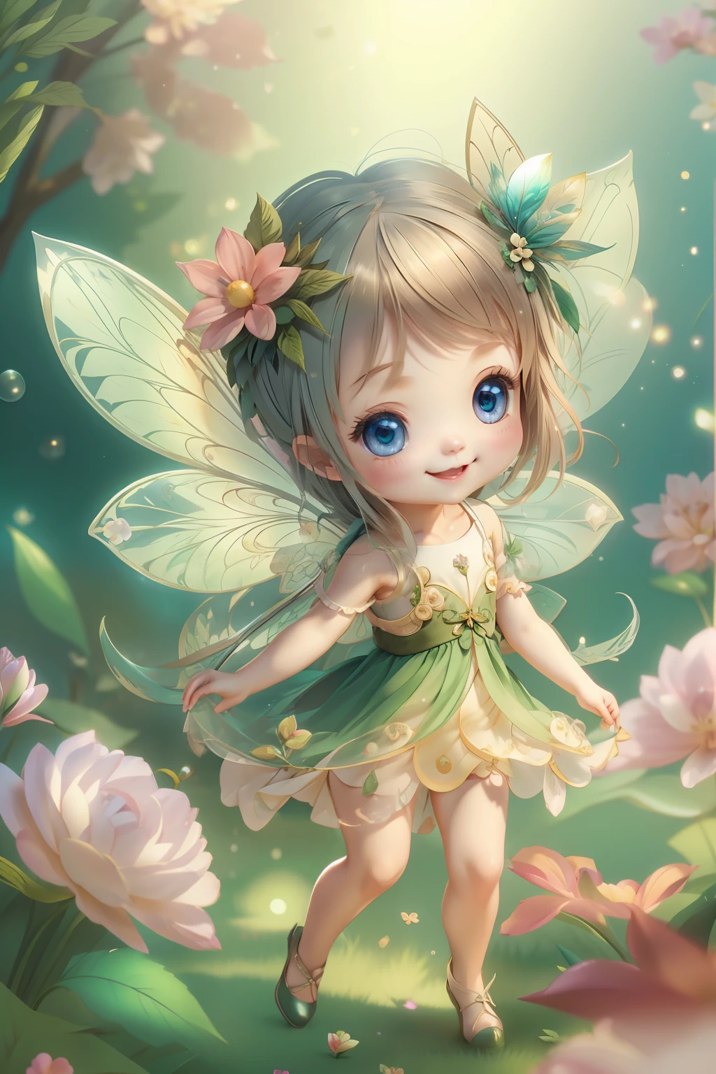 Cute fairy with a sense of transparency、Bright smile、Have fun playing、Beautiful background、Bright background、Green background