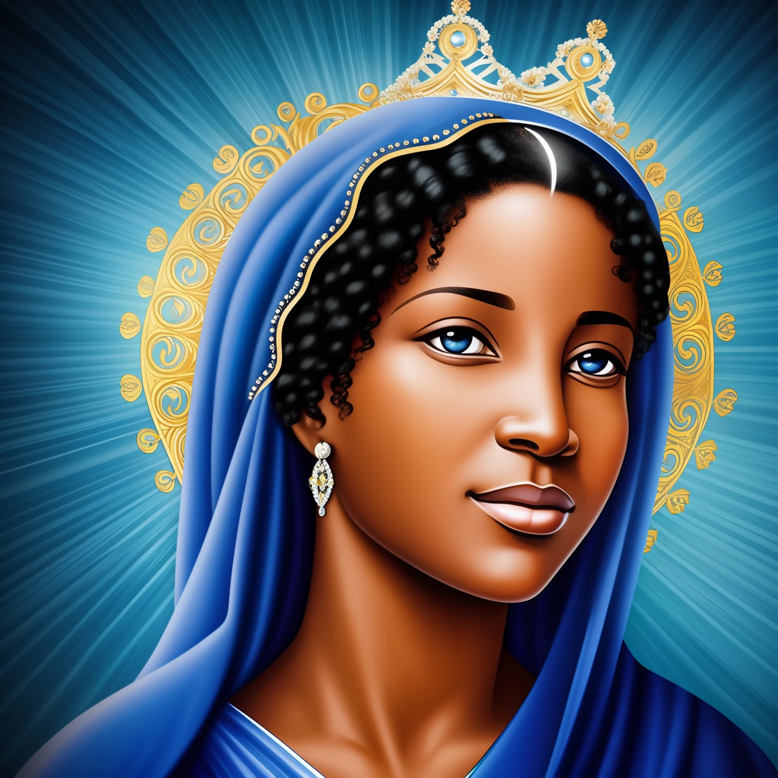 mulher negra, Virgem Maria, Blessed Mother, Mulher de 45 anos, mother of Jesus, Cabelo pretos, japonesa, olhando para frente, blue veil, Crown of light on the head, imagem perfeita, vestido de azul, embracing Jesus