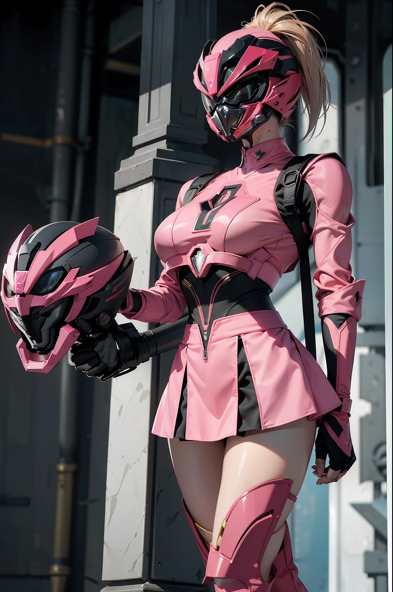 ((power ranger))、One lady、独奏、Mask、 Pink costume、thin outfits with a tight body,,、long-sleeve、Long gloves、Wearing a full-face helmet、 (((a miniskirt))),Pink pants under the skirt、 (Full body suit that does not expose skin), (Full face helmet to hide the face),fighting poses