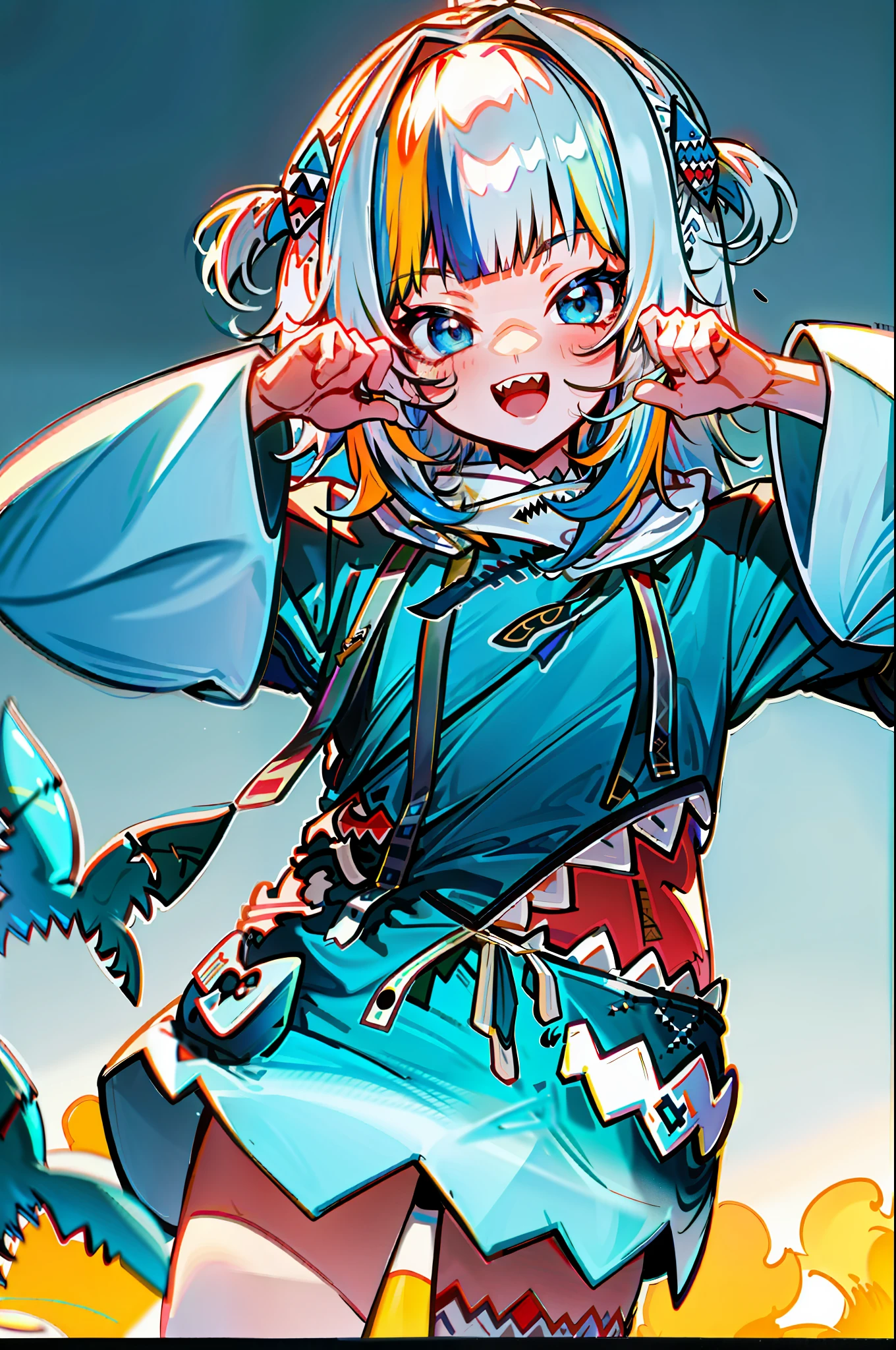 Best quality at best,The is very detailed,tmasterpiece,ultra - detailed,独奏,(1girl),Elaborate Eyes,Colorful hair,coda,virtual_youtuber,gawr_gura,A big smile,Blue hair,Fishtail,Striped hair,Shark tail,hoody,teeth,Shark hair ornaments,eBlue eyes,hijabi sluty,Hair accessories, blunt_bangs, open_mouth, blue_hoodie, solo, two-tone_hair, two_side_up, letterboxed, bangs, long_hair,