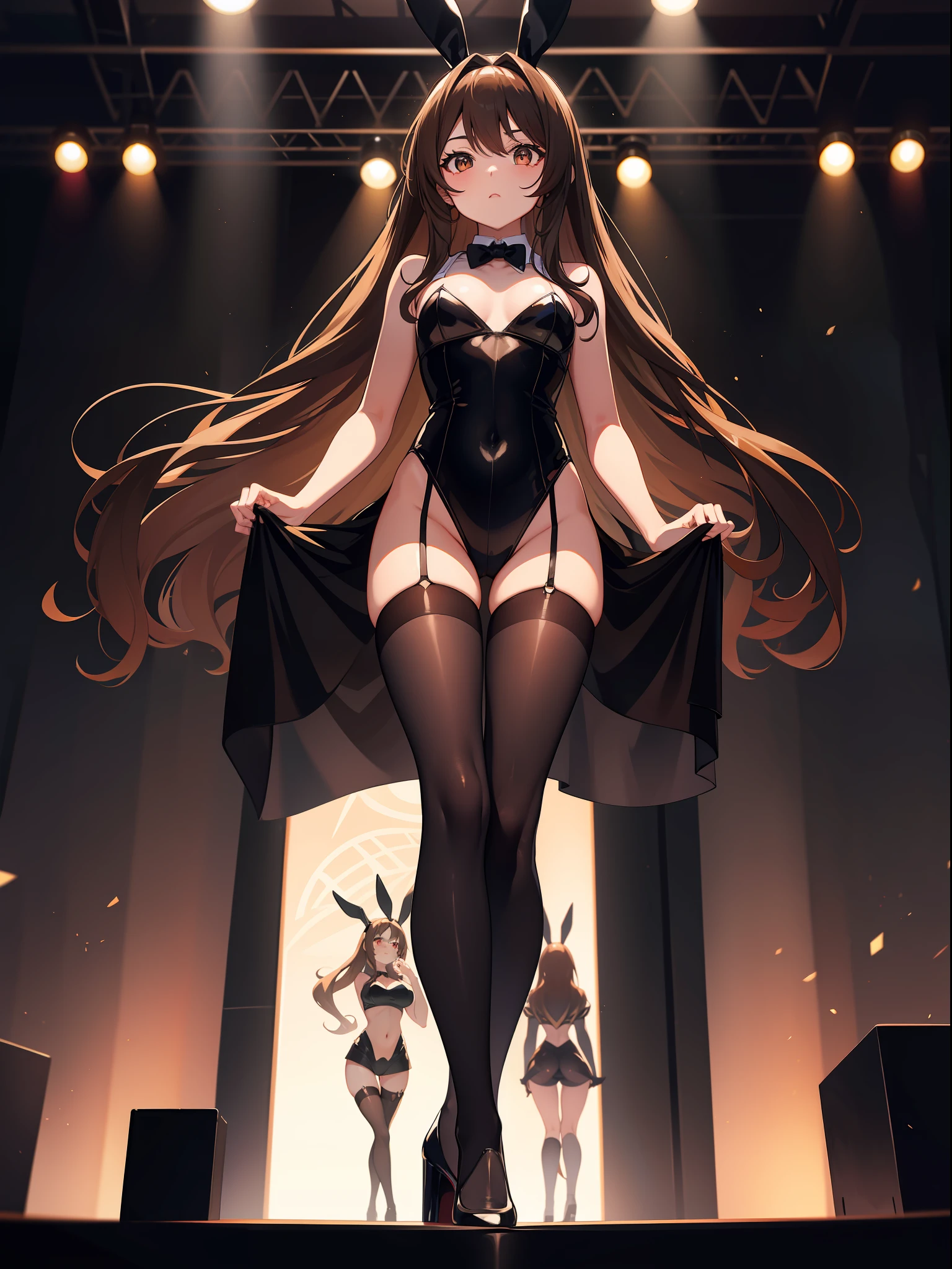 Long brown hair,Bunny girl costume,black pantyhoses,Black mesh stockings,black heels,standing on a stage