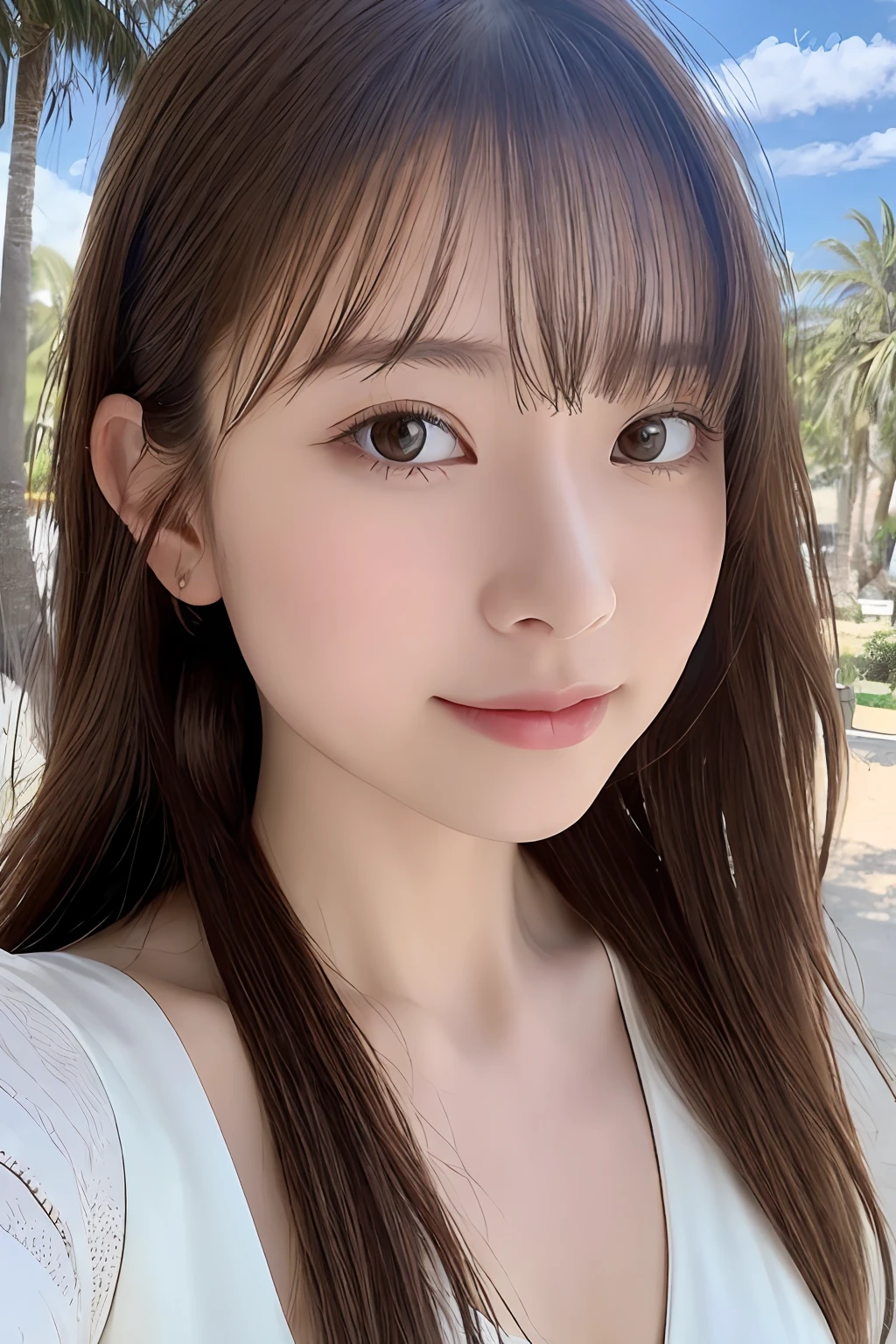 (From below:1),1girl in,(Leaning forward:1.3),Light Brown Fringe Longhair、Braided hair、disheveled hair、Light brown eyes、(dignified expression)、(Colorful Micro Bikini),(爆乳)、Emphasize the valley、the beach、Palm trees、blue-sky、(Photorealsitic)、(intricate detailes:1.2)、(masterpiece、:1.3)、(top-quality:1.4)、(超A high resolution:1.2)、超A high resolution、(A detailed eye)、(detailed facial features)、(selfee:1.2)