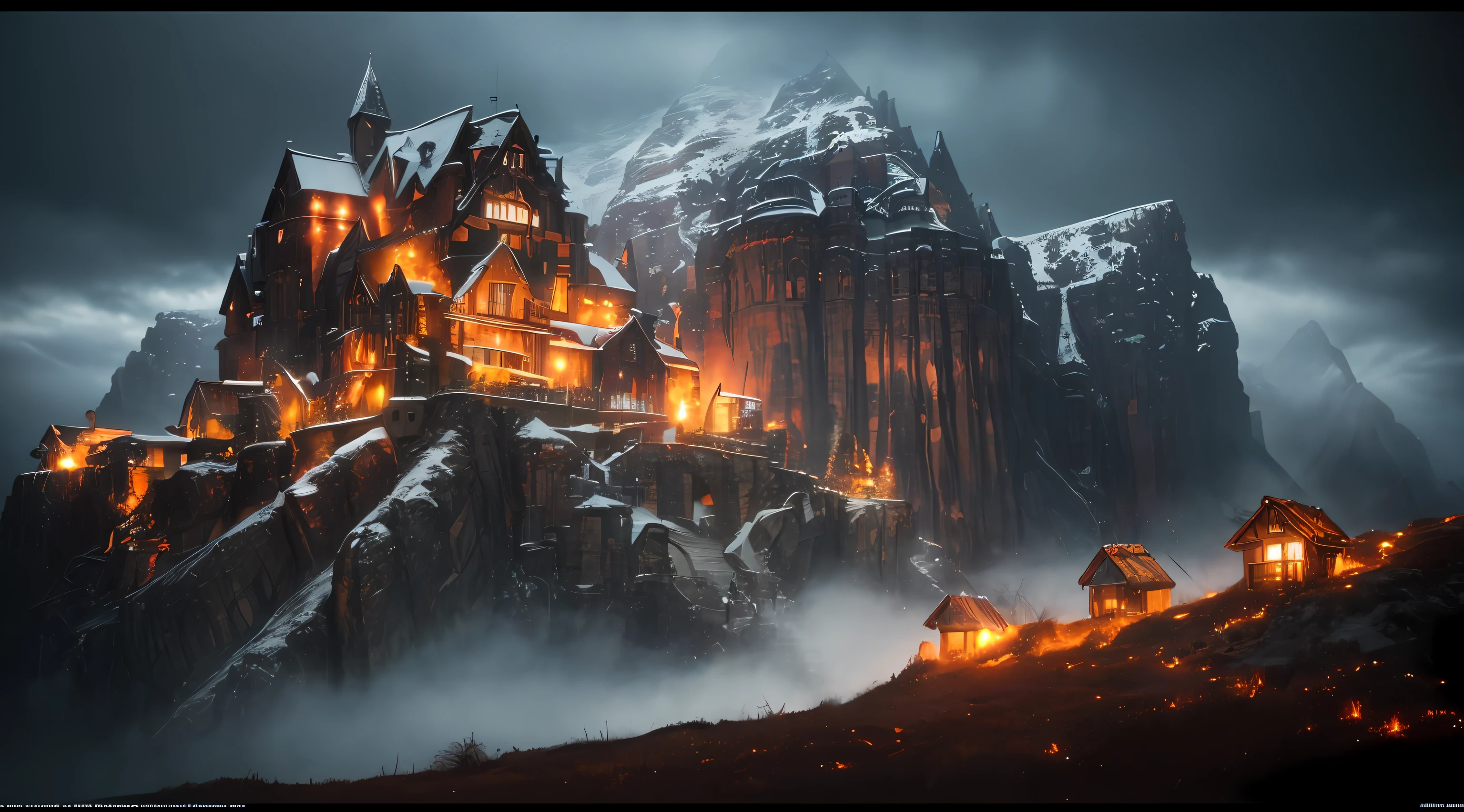 ((night)), winter, scottish medieval castle, dark night atmosphere, dark atmosphere, night ambient, ((foggy atmosphere)), a painting of a meandering snow in a mountain valley, trending on artstation, sharp focus, studio photo, intricate details, highly detailed, by greg rutkowski, a comic book panel by jeffrey smith, featured on deviantart, american scene painting, dc comics, marvel comics, concept art, perfect composition, beautiful detailed intricate insanely detailed octane render trending on artstation, 8 k artistic photography, photorealistic concept art, soft natural volumetric cinematic perfect light, chiaroscuro, award - winning photograph, masterpiece, oil on canvas, raphael, caravaggio, greg rutkowski, beeple, beksinski, giger, centered, symmetry, painted, intricate, volumetric lighting, beautiful, rich deep colors masterpiece, sharp focus, ultra detailed, in the style of dan mumford and marc simonetti, astrophotography