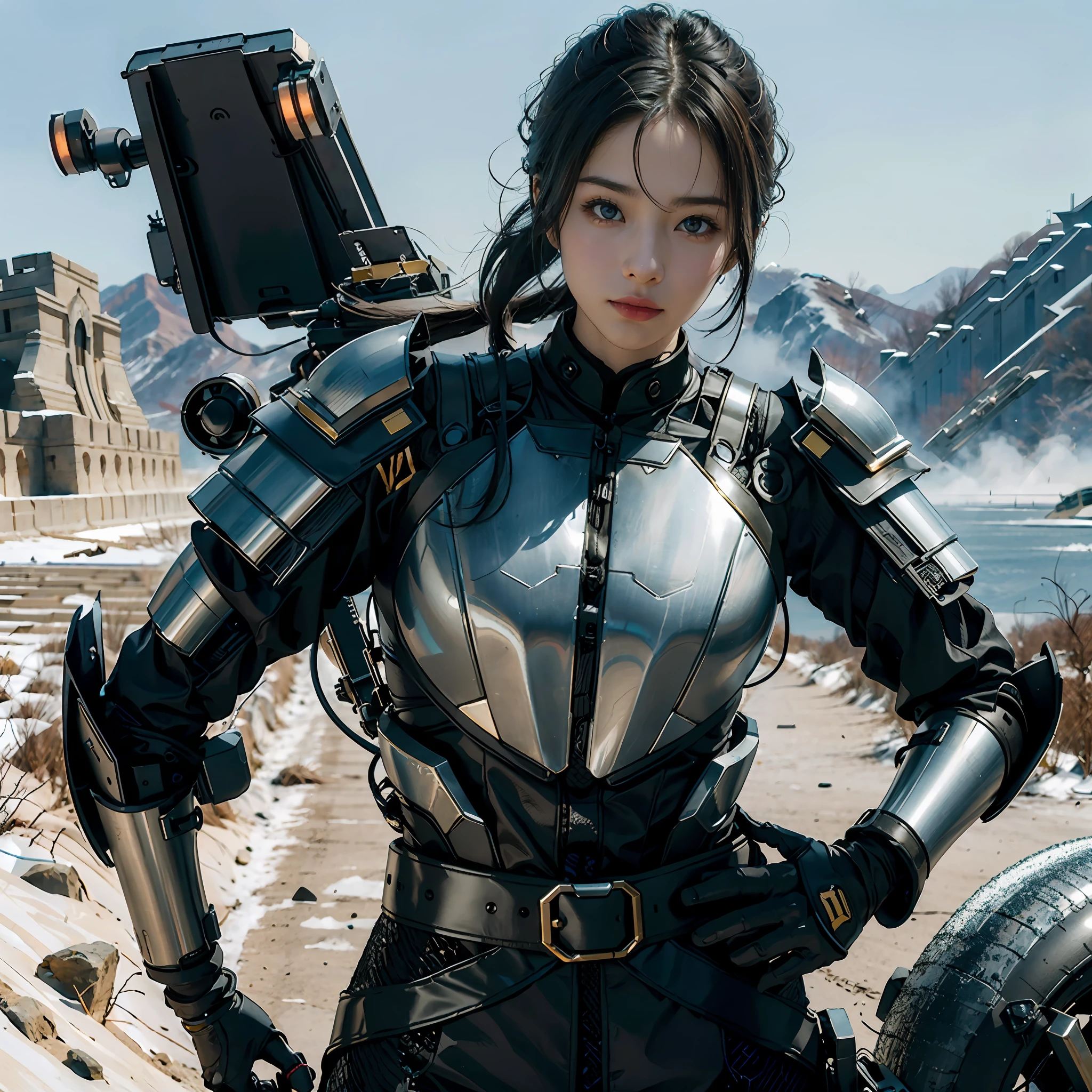 in a panoramic view，photorealestic，cyber punk style，Blue sky, Fly a sci-fi plane，Modern Great Wall defense base，3girl，Wear black Chinese clothing，Dressed in gorgeous gold Chinese high-tech armor，Wearing a gold high-tech helmet，Black high-tech mask，High-tech goggles，High-tech motorcycle，High-tech combat vehicles，holding sabre，Carry a sci-fi rifle，Stand in front of the Great Wall，Sharp eyes，professinal，Meistwick，commissioned，best qualtiy，color corrected，After fixation，Retouching，Improvement，Epic，Tone-mapping，the detail， highly  detailed， digitial painting， art  stations， Conceptual map of the long dam， Smoothness， Sharp focus， Beautiful illustration， photore， The light from the back window is backlighted， 动态照明， Mist， 复杂， cinematic grain， professinal， face to the viewer，（Beautiful m3d_woman， Perfect M3D_face,）， Volumetriclighting， subsurfacescattering， Good highlights， Good shadows， cinematic ligh