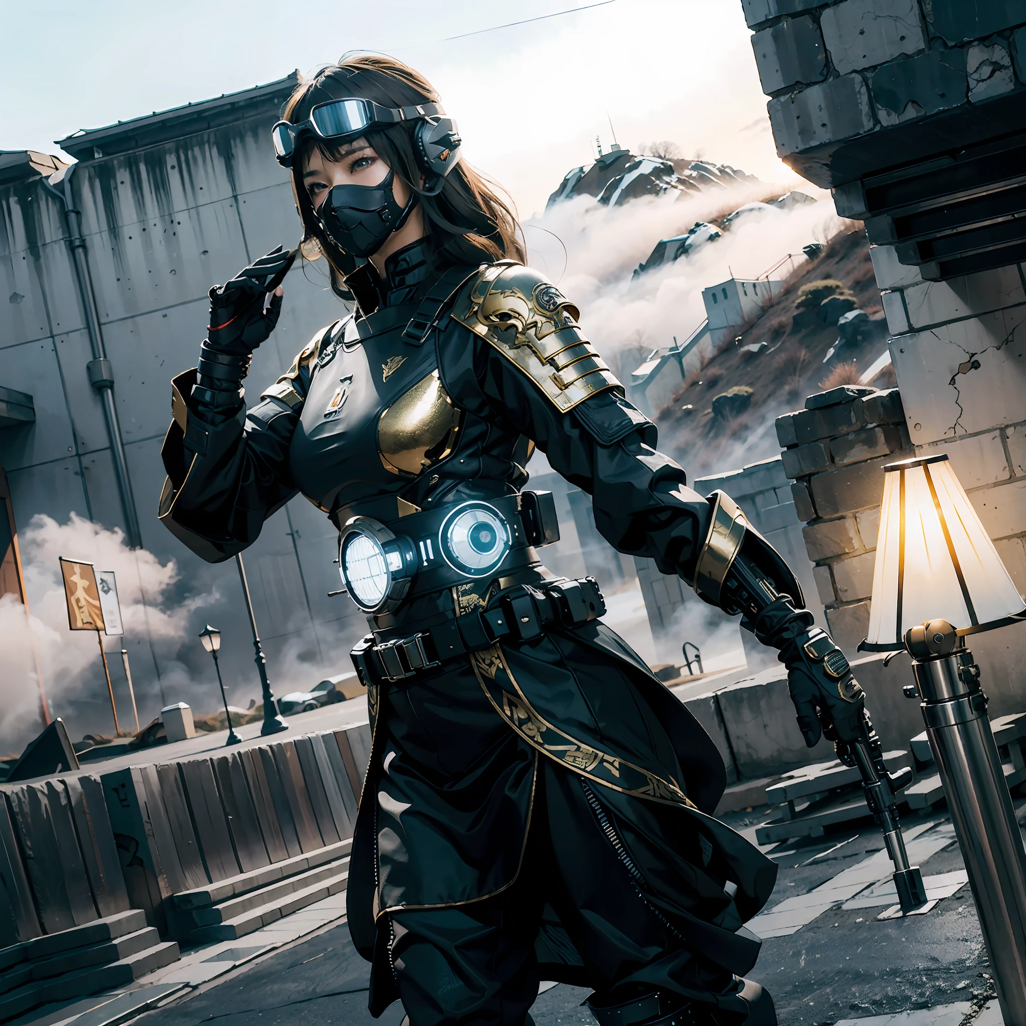 in a panoramic view,photorealestic,cyber punk style,Blue sky, Fly a sci-fi plane,Modern Great Wall defense base,3girl,Wear black Chinese clothing,Dressed in gorgeous gold Chinese high-tech armor,Wearing a gold high-tech helmet,Black high-tech mask,High-tech goggles,High-tech motorcycle,High-tech combat vehicles,holding sabre,Carry a sci-fi rifle,Stand in front of the Great Wall,Sharp eyes,professinal,Meistwick,commissioned,best qualtiy,color corrected,After fixation,Retouching,Improvement,Epic,Tone-mapping,the detail, highly detailed, digitial painting, art stations, Conceptual map of the long dam, Smoothness, Sharp focus, Beautiful illustration, photore, The light from the back window is backlighted, 动态照明, Mist, 复杂, cinematic grain, professinal, face to the viewer,(Beautiful m3d_woman, Perfect M3D_face,), Volumetriclighting, subsurfacescattering, Good highlights, Good shadows, cinematic ligh