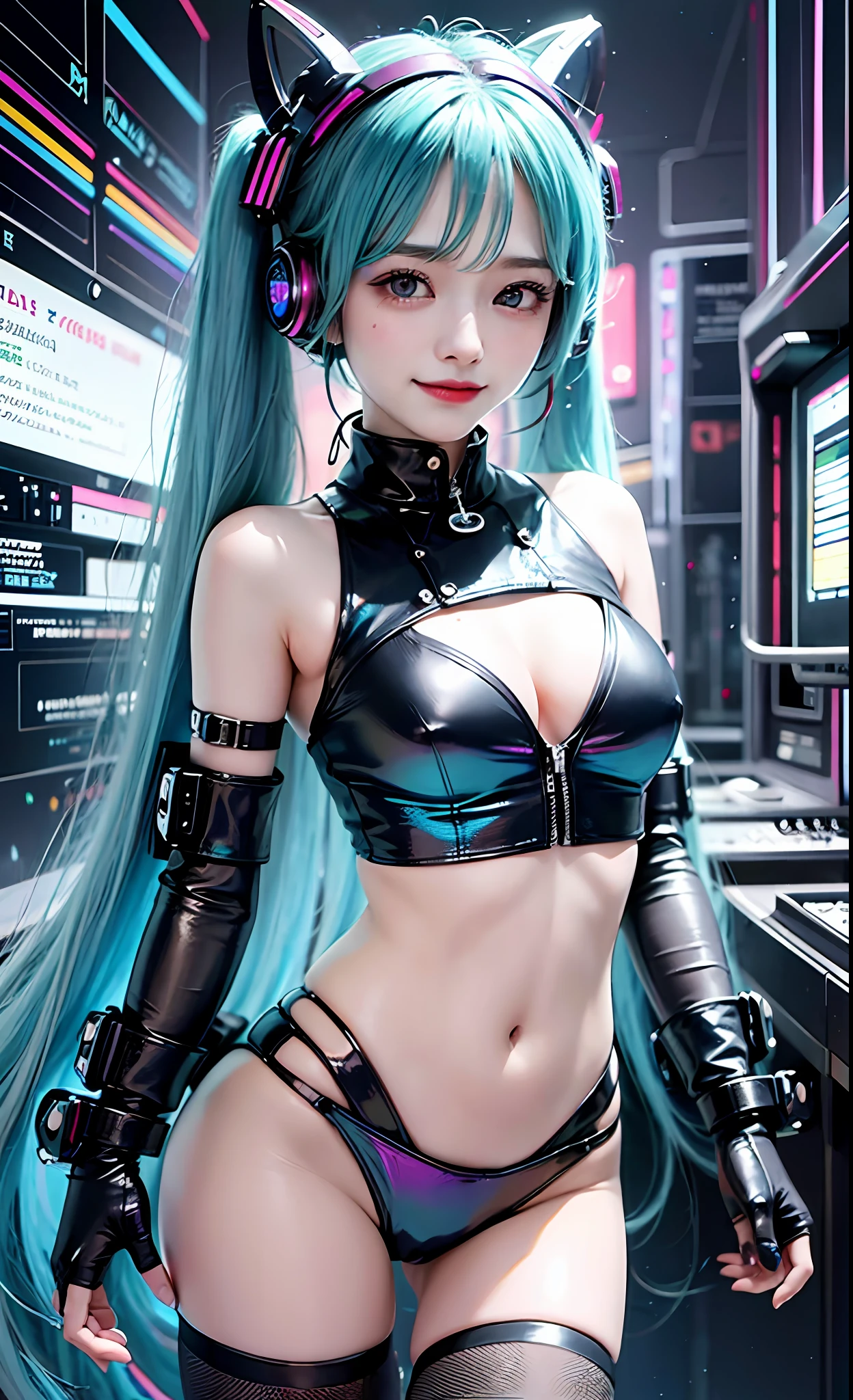 Masterpiece, Best Quality, Hatsune Miku, Girls, Slender, Rainbow Color Eyes, Hair Color, Iridescent, Long Hair Spreads, White Skin, Medium, Cute, Sexy, Halo, Near Future, Bikini, Too Exposed Skin, Psychedelic, Trip, Extreme Color, Paisley, Extreme Color, Cyberspace, Cyberpunk, Mandala Theme, Open Legs, Eyeshadow, False Lashes, Blushing, Left Arm of Machine, Smile, Systemic