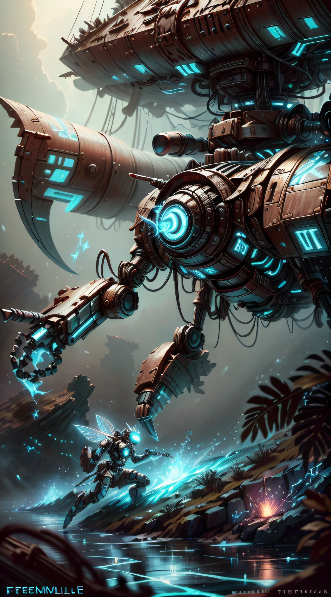 Two mech fighters fighting on the surface of the sea,femele,A white mech,A blue mech,Fight with weapons in hand,fantastical scenes,Fairy particles,illustratio,comic strip,Fantasy environment,Digital painting,Stereoscopic lighting,3d,4k,Overlooking --auto