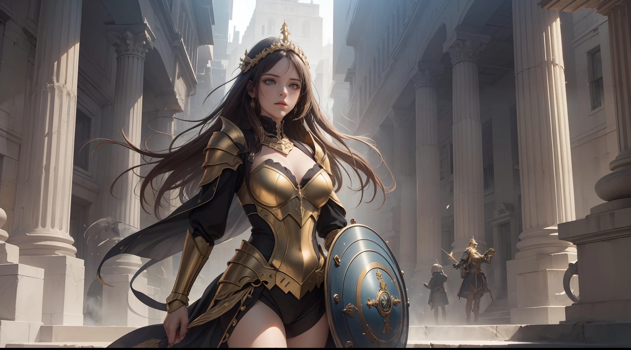(Extremely detailed Cg Unity 8K wallpaper,Masterpiece, Best quality, Ultra-detailed, Beautiful detailed eyes:1.2),Best illumination, (Best shadow, An extremely delicate and beautiful, full bloom),
1girll,Solo,Large breasts,Heavy golden armor,complex patterns,Long hair,Holding a shield,Film filter, Hellfire,full bodyesbian,demon,Flame,Greek temple,dramatics,dynamicposes,illusory engine, (High detail: 1.9)