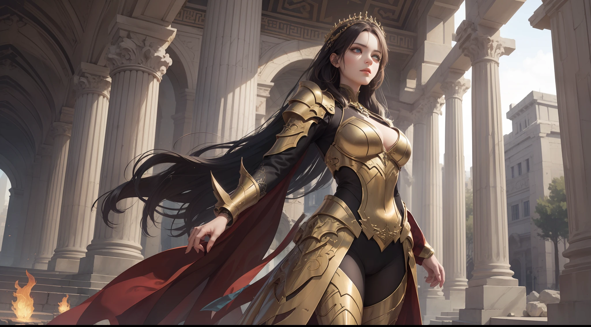 (Extremely detailed Cg Unity 8K wallpaper,Masterpiece, Best quality, Ultra-detailed, Beautiful detailed eyes:1.2),Best illumination, (Best shadow, An extremely delicate and beautiful, full bloom),
1girll,Solo,Large breasts，Heavy golden armor，complex patterns，Long hair,Holding a shield,Film filter, Hellfire,full bodyesbian,demon,Flame,Greek temple，dramatics，dynamicposes，illusory engine， (High detail: 1.9)