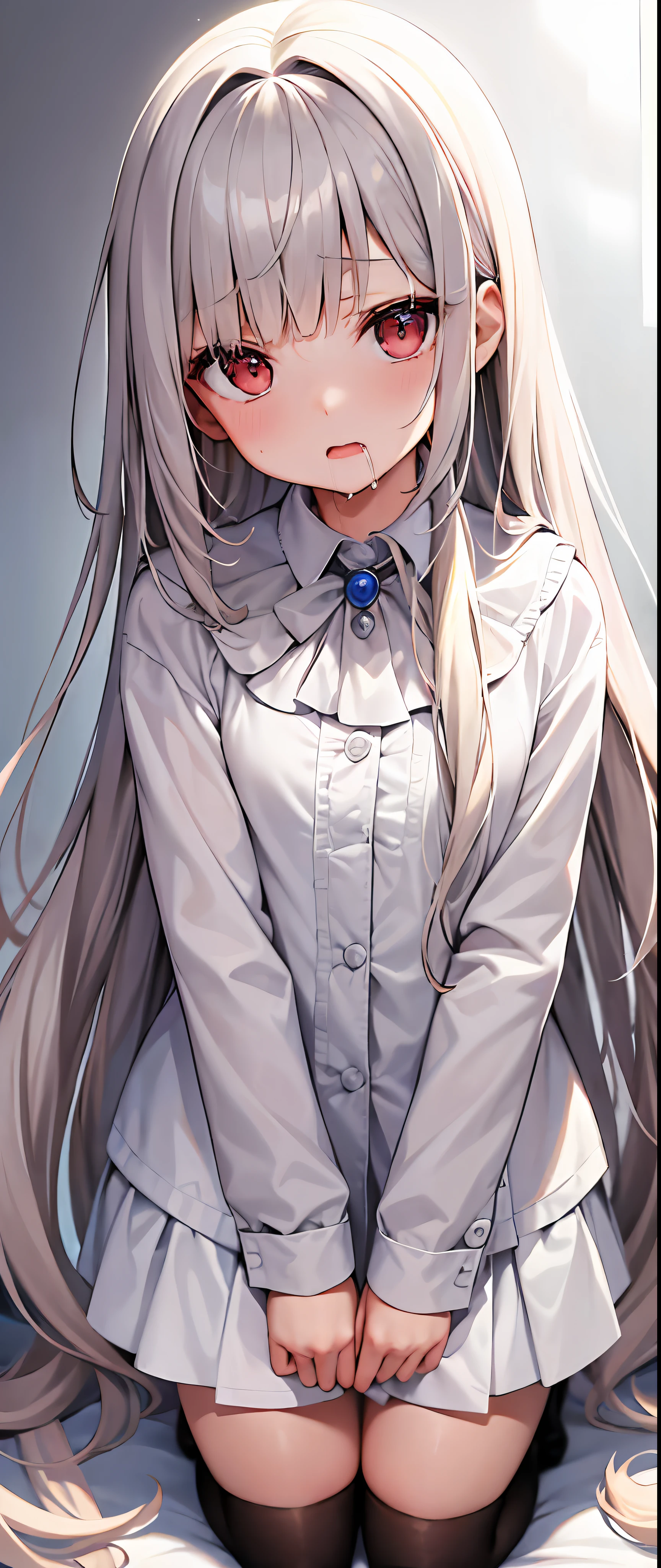 best quality,masterpiece,white background,upper body,Fair skin,blunt bangs,gladient hair,loosen clothing around the neck,look down on,extremely long hair,spreading hair,ivory hair,loafers,wet,child,young,girl,drooling face,open one's mouth,looks away