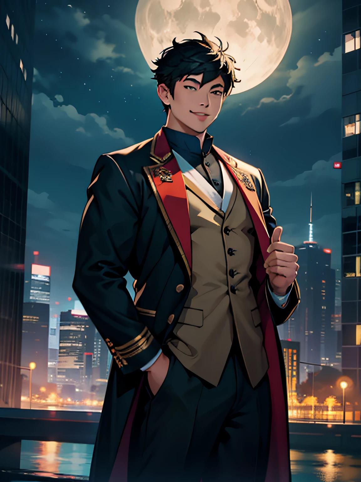 of a guy，Rich Tang costume，Fan in hand，Night scene，ssmile，