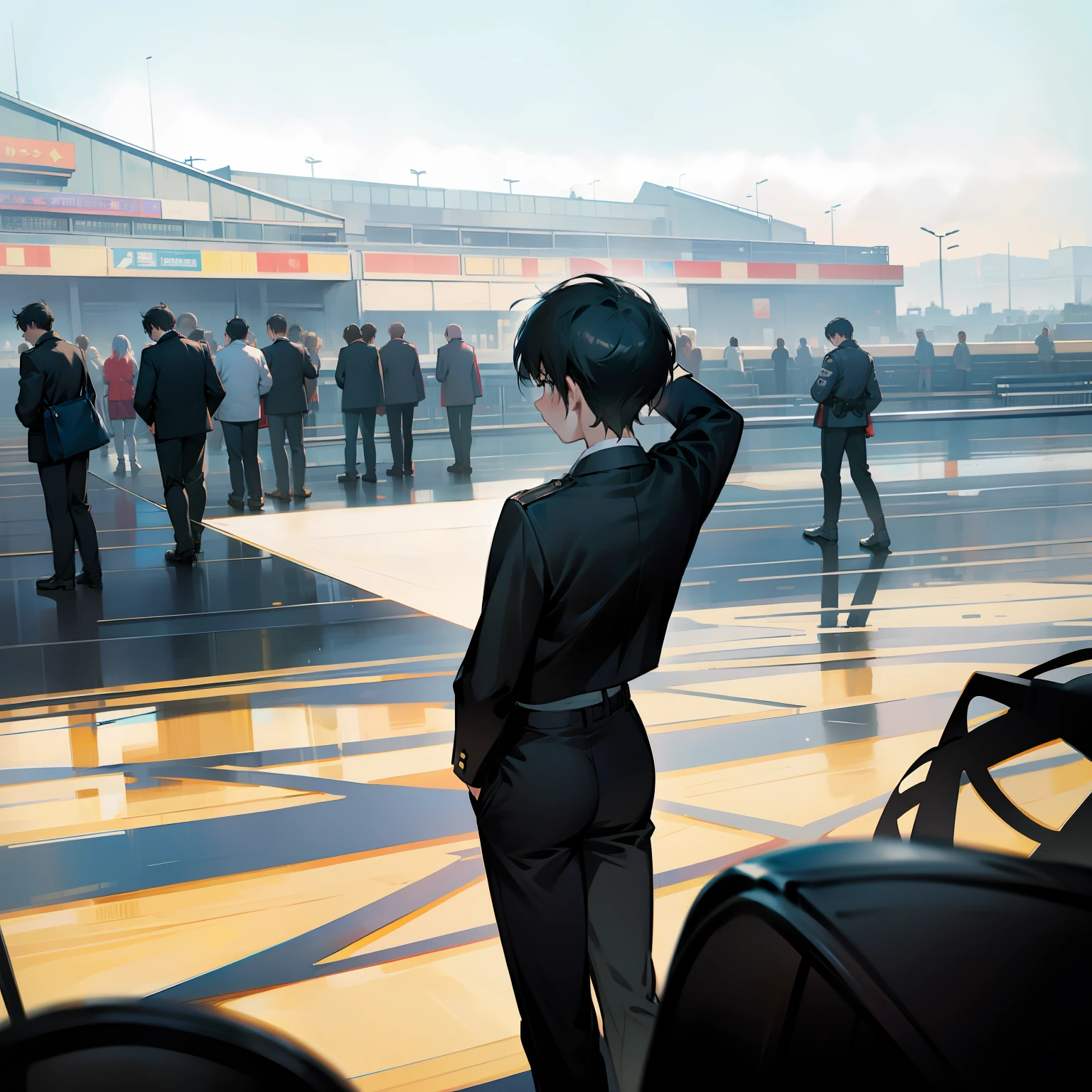 Tall men,30 age old,pop star,Reporter,Black pants,Faraway view,aerodrome,lots of people